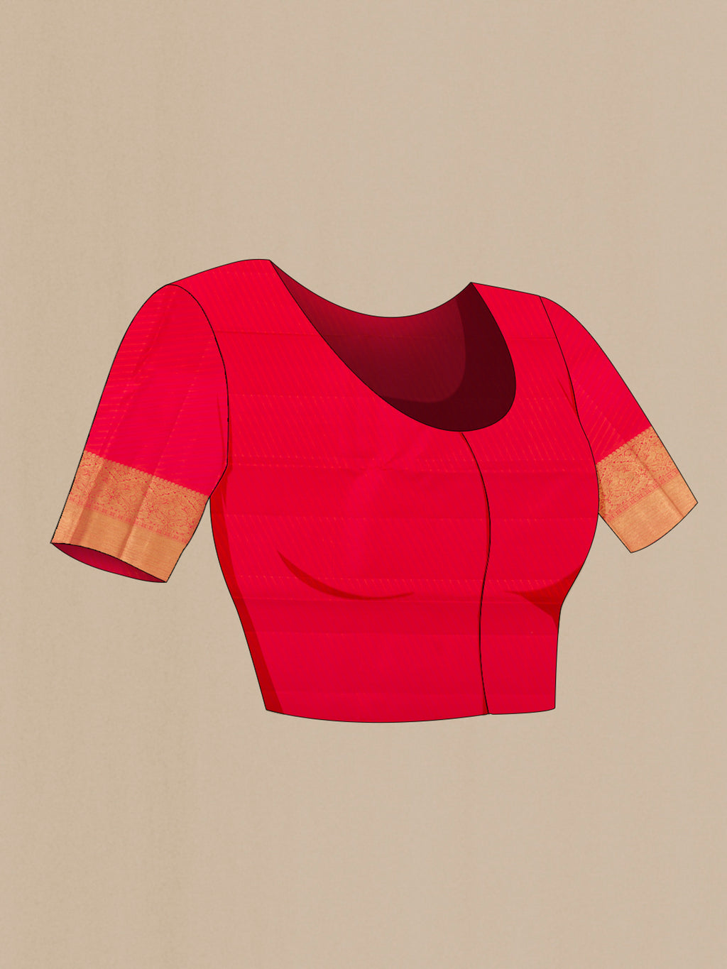 Close up image of the blouse of Pure Silk Pure Zari Red Kanjivaram Saree with Zari Brocade on the body and Zari Border. 