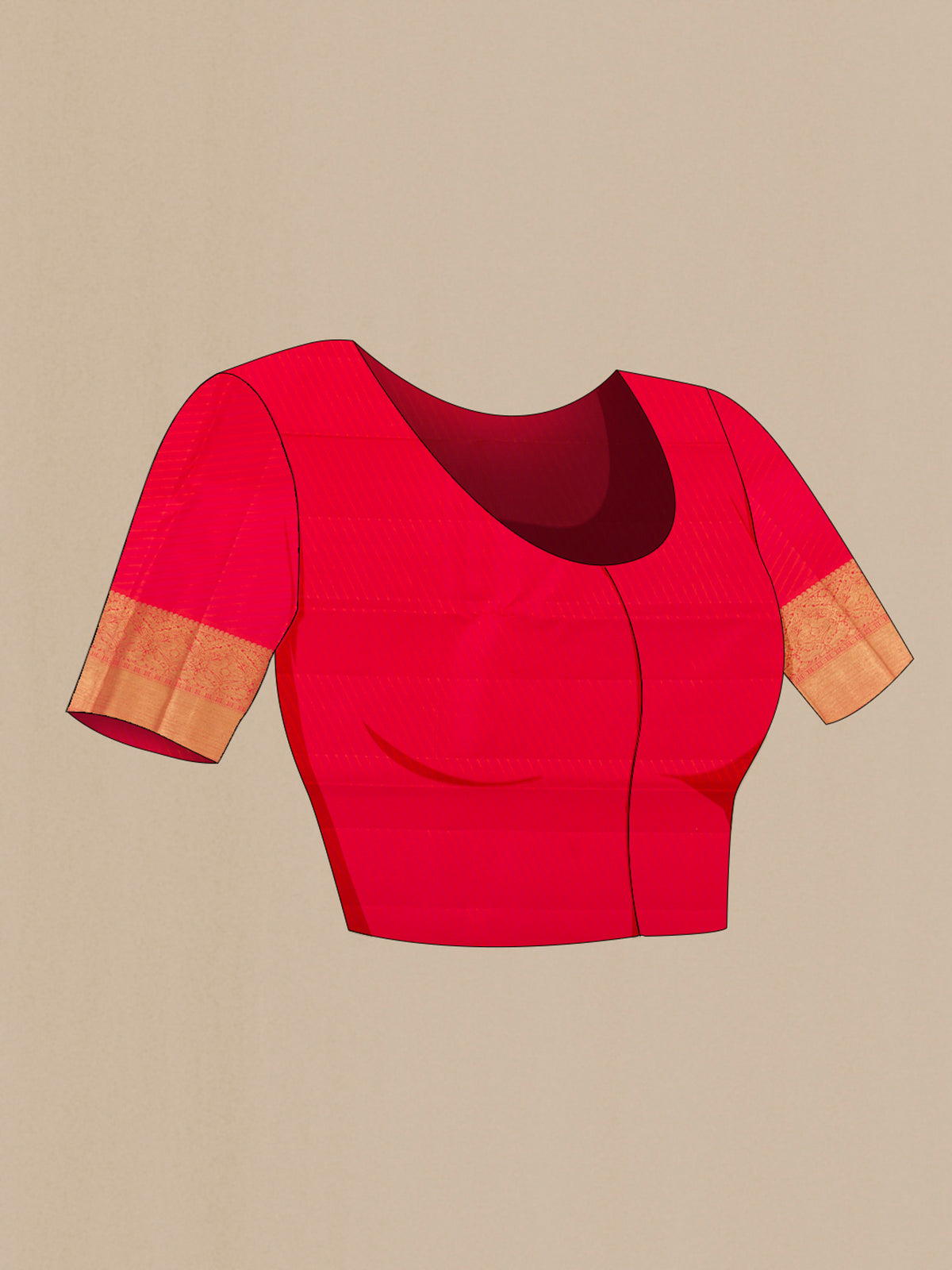 Close up image of the blouse of Pure Silk Pure Zari Red Kanjivaram Saree with Zari Brocade on the body and Zari Border. 