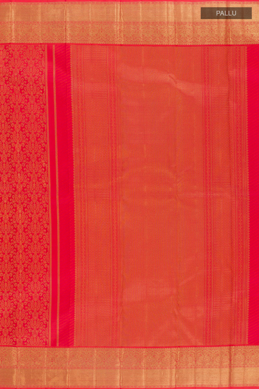 Close up image of the pallu of Pure Silk Pure Zari Red Kanjivaram Saree with Zari Brocade on the body and Zari Border. 