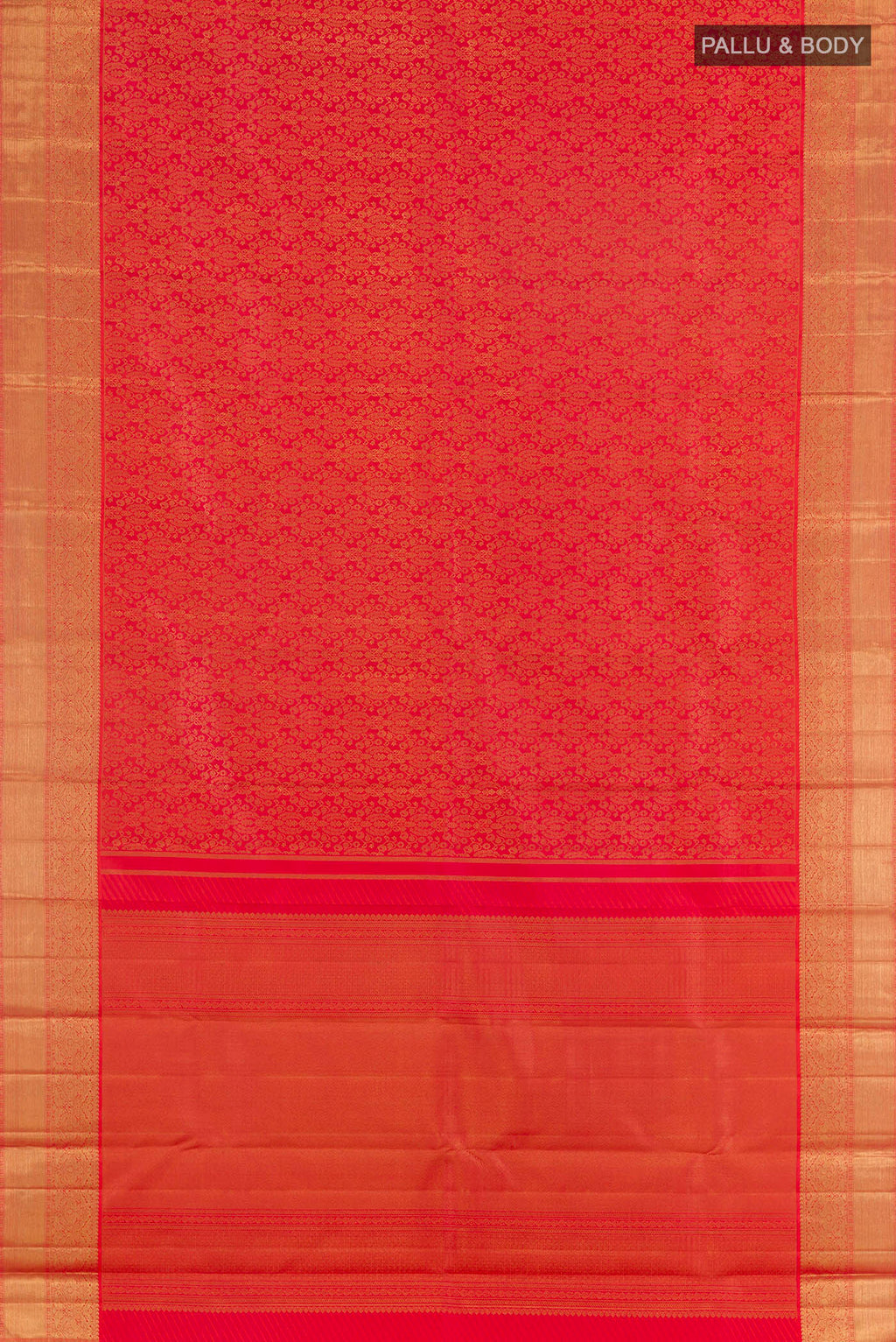 Flat view of Pure Silk Pure Zari Red Kanjivaram Saree with Zari Brocade on the body and Zari Border. 