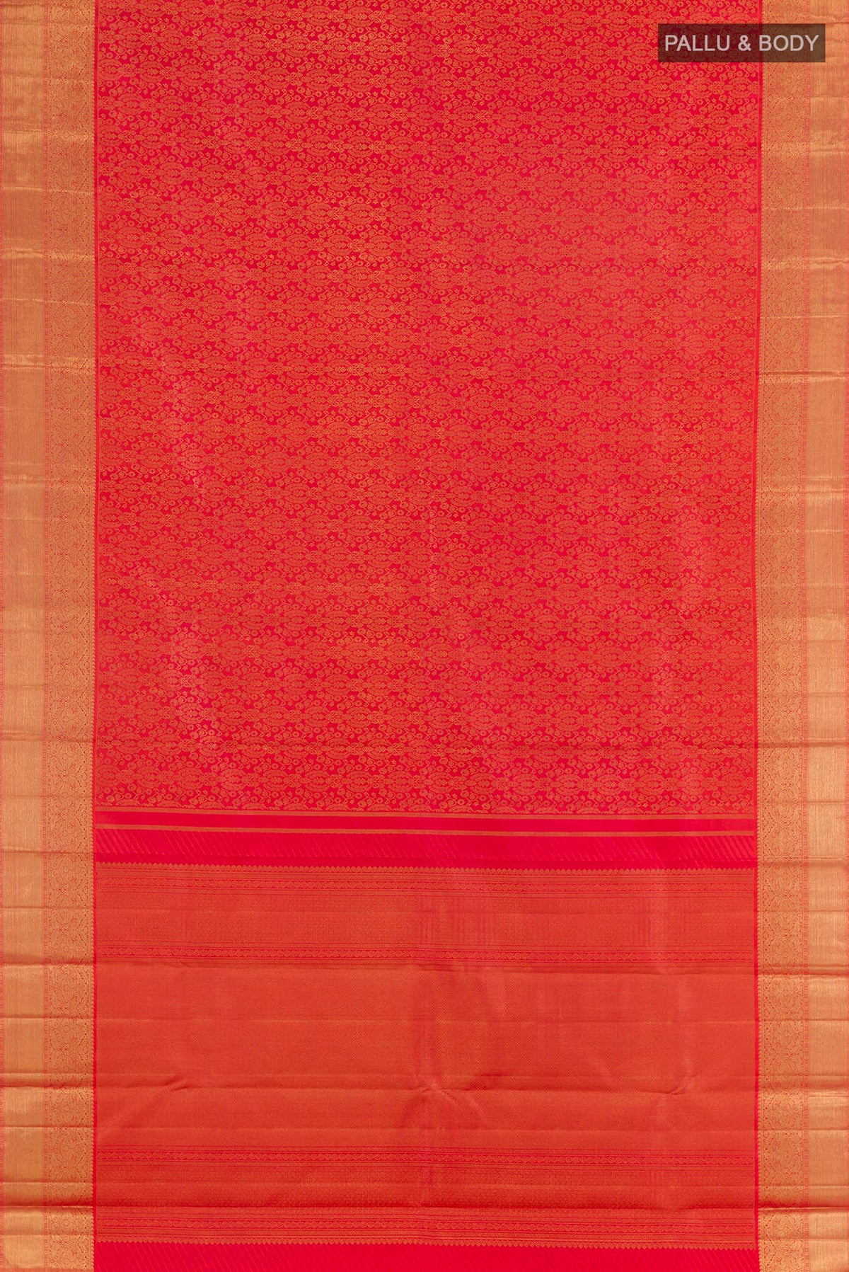 Flat view of Pure Silk Pure Zari Red Kanjivaram Saree with Zari Brocade on the body and Zari Border. 