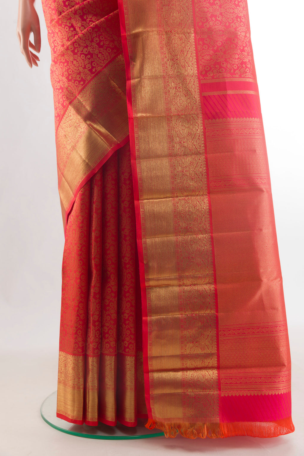 Pleats and pallu of Pure Silk Pure Zari Red Kanjivaram Saree with Zari Brocade on the body and Zari Border. 