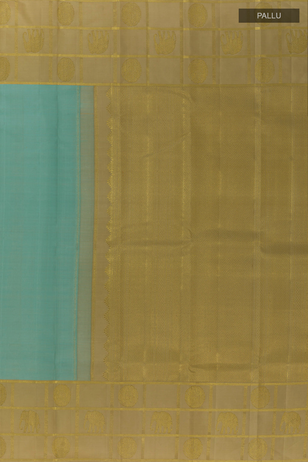 Close up image of the pallu of Pure Silk Sea Green Kanjivaram Saree with Plain Body and Zari Border. 