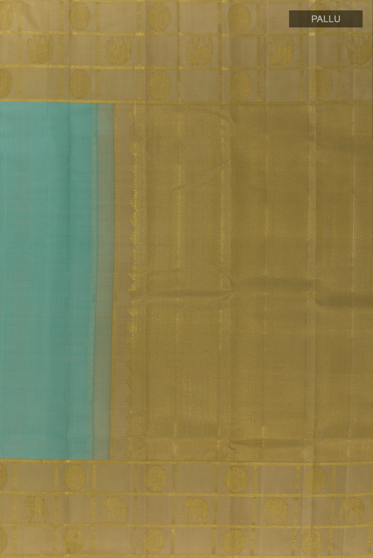 Close up image of the pallu of Pure Silk Sea Green Kanjivaram Saree with Plain Body and Zari Border. 