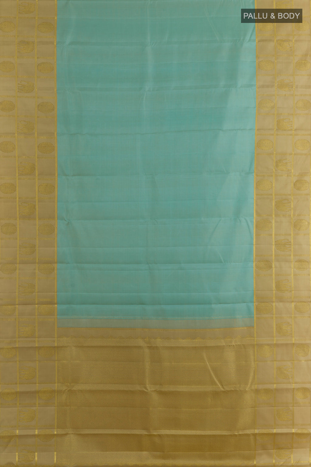 Flat view of Pure Silk Sea Green Kanjivaram Saree with Plain Body and Zari Border. 