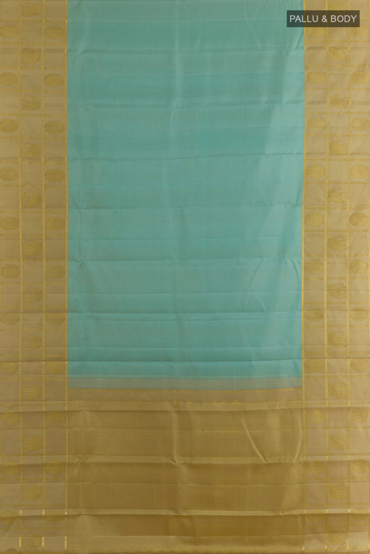 Flat view of Pure Silk Sea Green Kanjivaram Saree with Plain Body and Zari Border. 