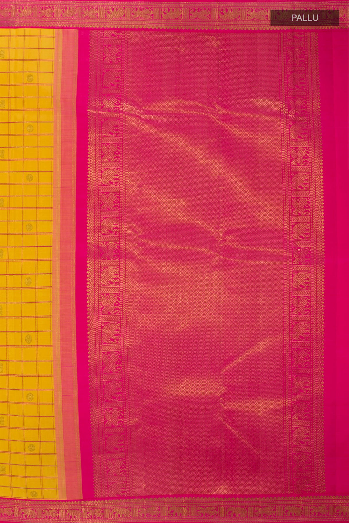 Close up image of the pallu of Pure Silk Pure Zari Yellow Kanchipuram Saree with Checked design on the body and Zari Border. 
