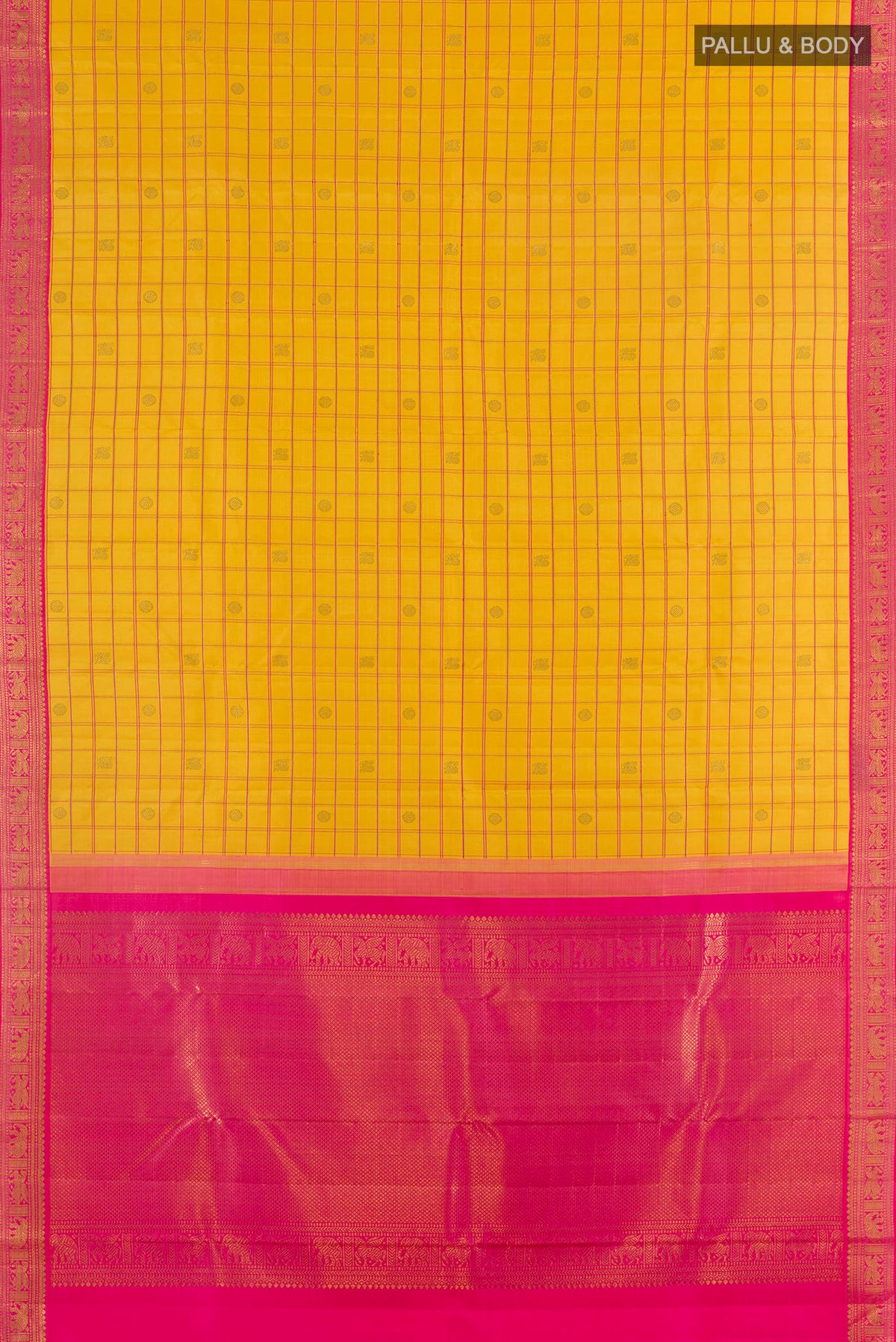 Flat view of Pure Silk Pure Zari Yellow Kanchipuram Saree with Checked design on the body and Zari Border. 
