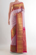 Pure Silk Pure Zari Rose pink Kanchipuram Saree with Zari Butta on the body and Zari Border.  displayed on a mannequin