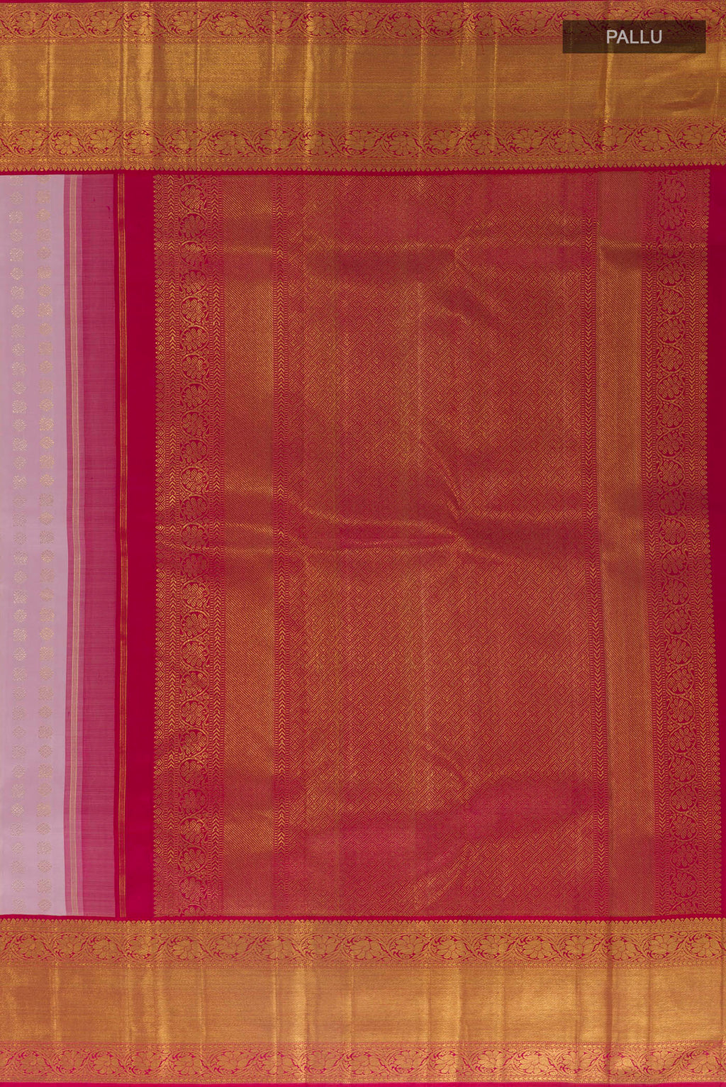 Close up image of the pallu of Pure Silk Pure Zari Rose pink Kanchipuram Saree with Zari Butta on the body and Zari Border. 