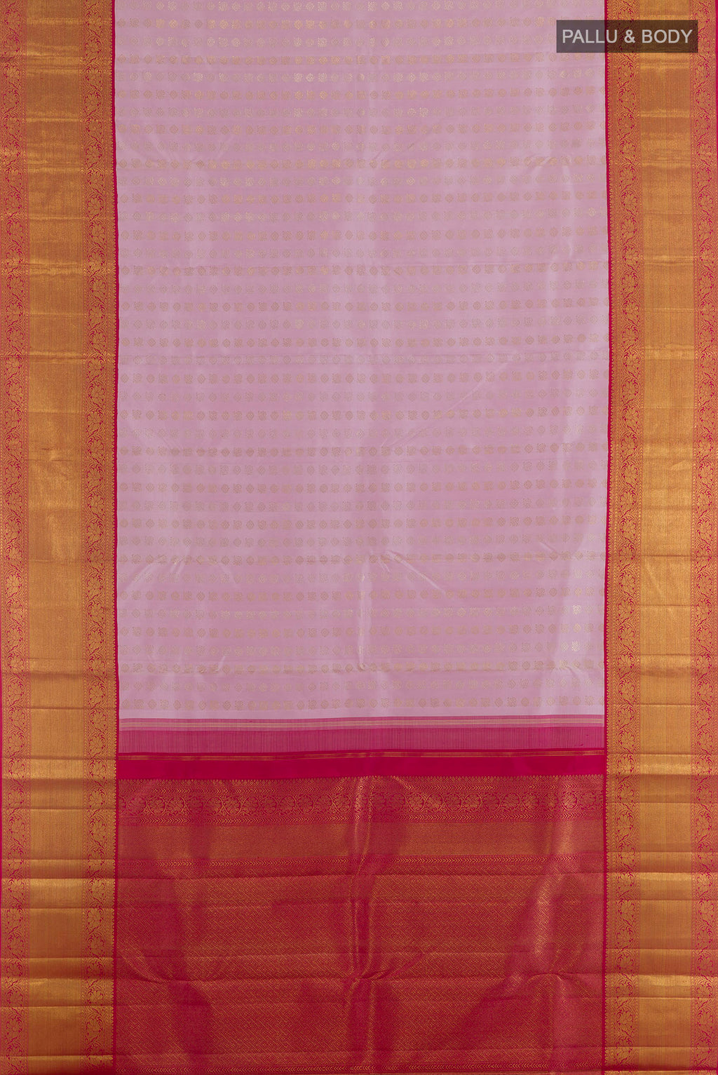 Flat view of Pure Silk Pure Zari Rose pink Kanchipuram Saree with Zari Butta on the body and Zari Border. 