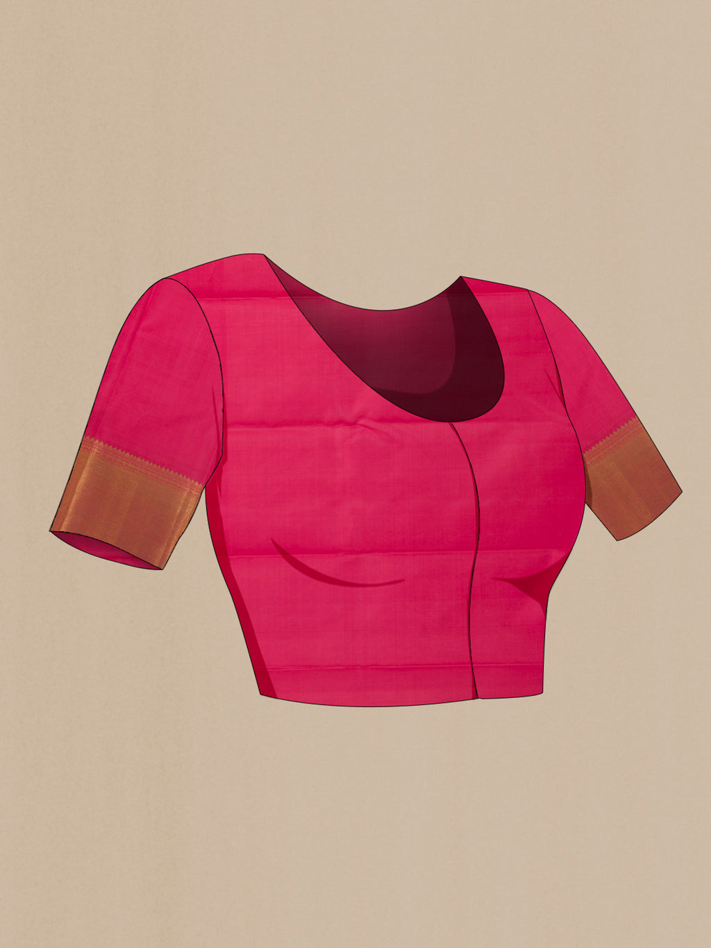 Close up image of the blouse of Pure Silk Pure Zari Pink Kanjivaram Saree with Zari Brocade on the body and Zari Border. 