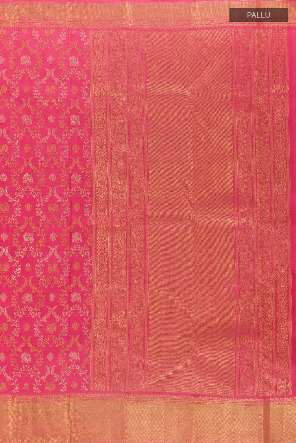 Close up image of the pallu of Pure Silk Pure Zari Pink Kanjivaram Saree with Zari Brocade on the body and Zari Border. 