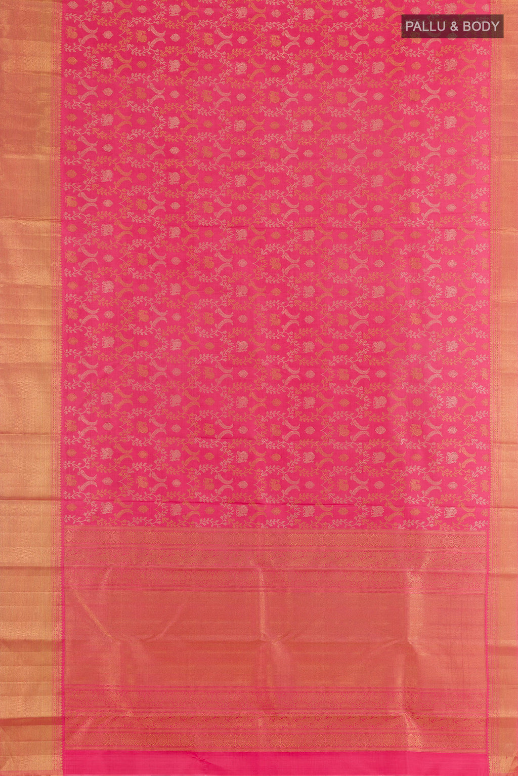 Flat view of Pure Silk Pure Zari Pink Kanjivaram Saree with Zari Brocade on the body and Zari Border. 