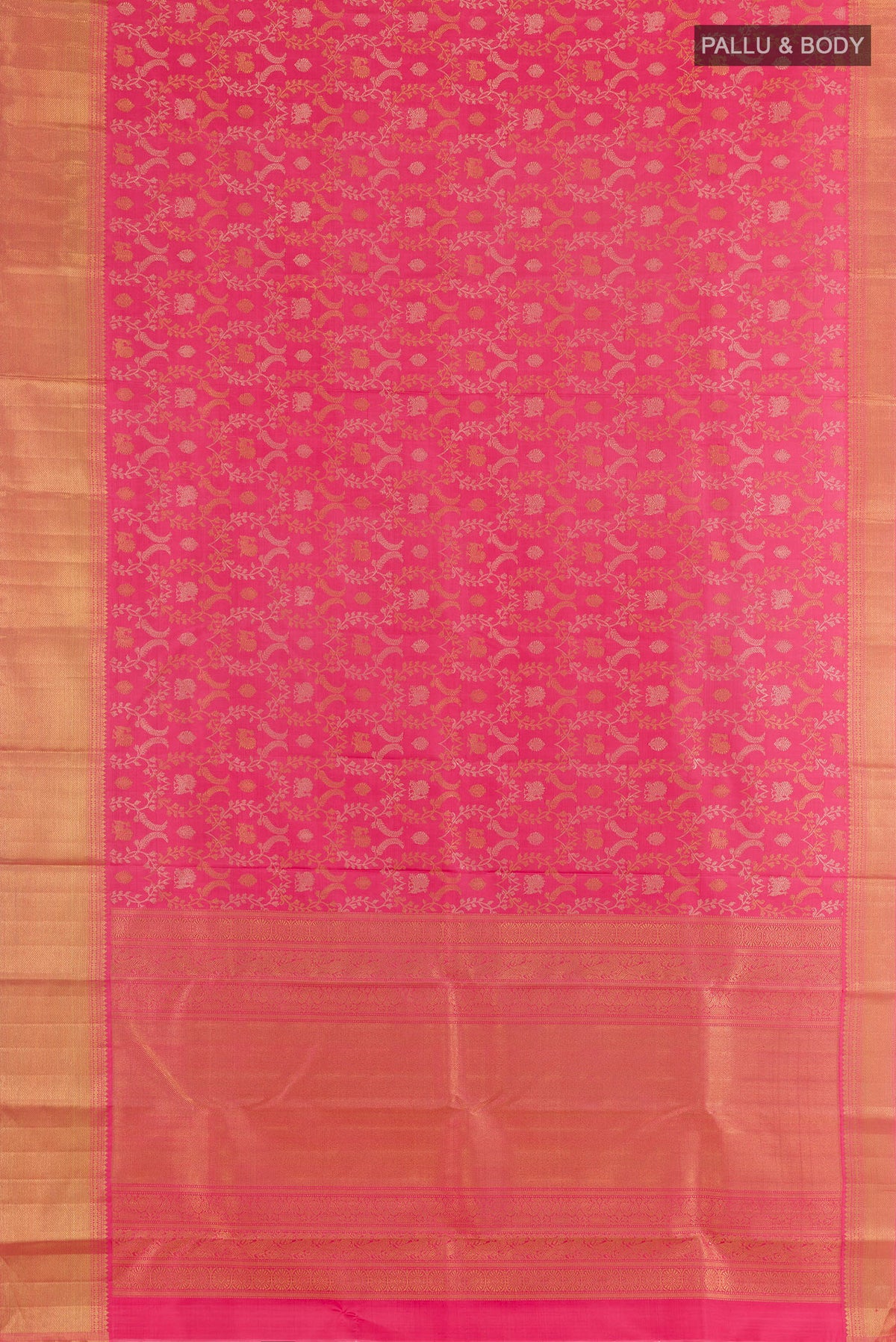 Flat view of Pure Silk Pure Zari Pink Kanjivaram Saree with Zari Brocade on the body and Zari Border. 