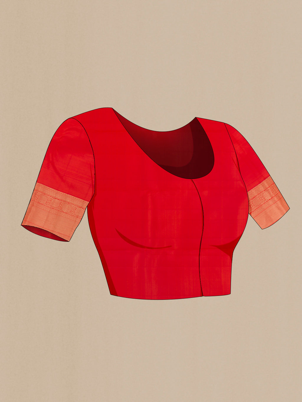 Close up image of the blouse of Pure Silk Orange Kanchipuram Saree with Zari Butta on the body and Zari Border. 