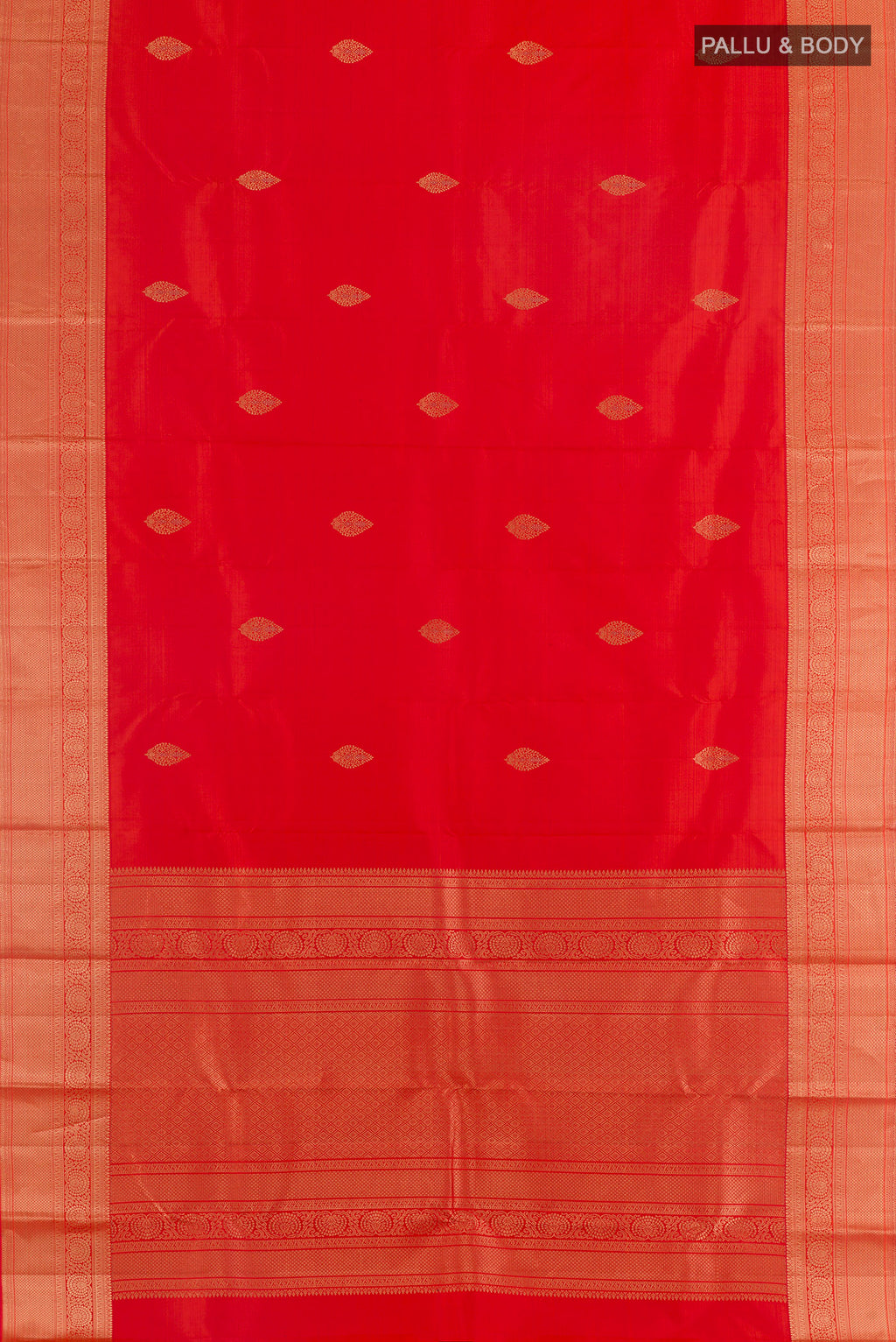 Flat view of Pure Silk Orange Kanchipuram Saree with Zari Butta on the body and Zari Border. 