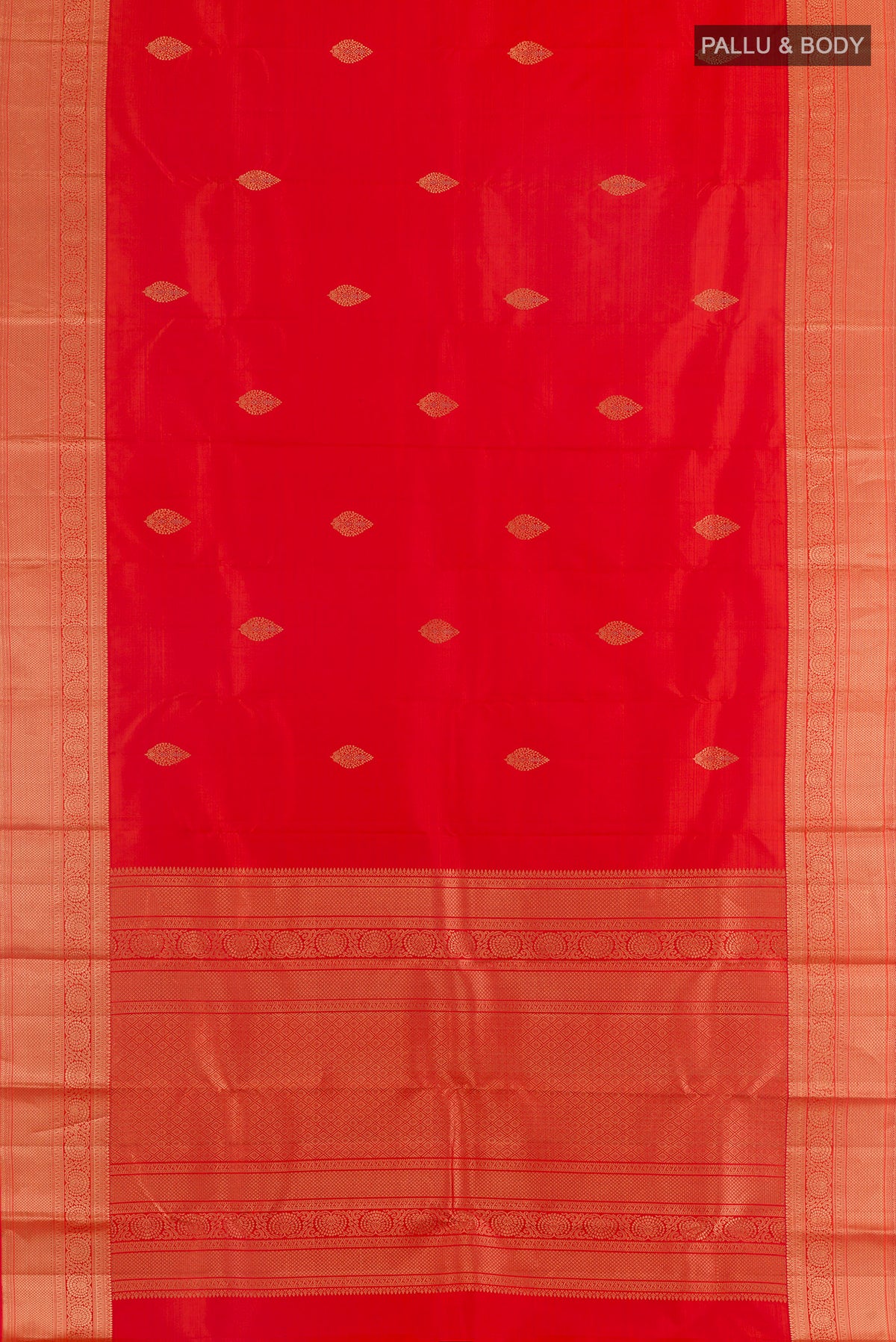 Flat view of Pure Silk Orange Kanchipuram Saree with Zari Butta on the body and Zari Border. 