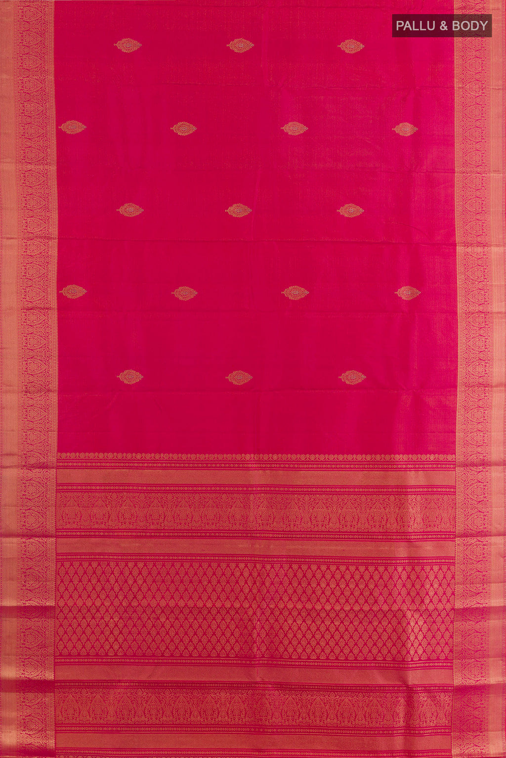 Flat view of Pure Silk Pink Kanchipuram Saree with Zari Butta on the body and Zari Border. 