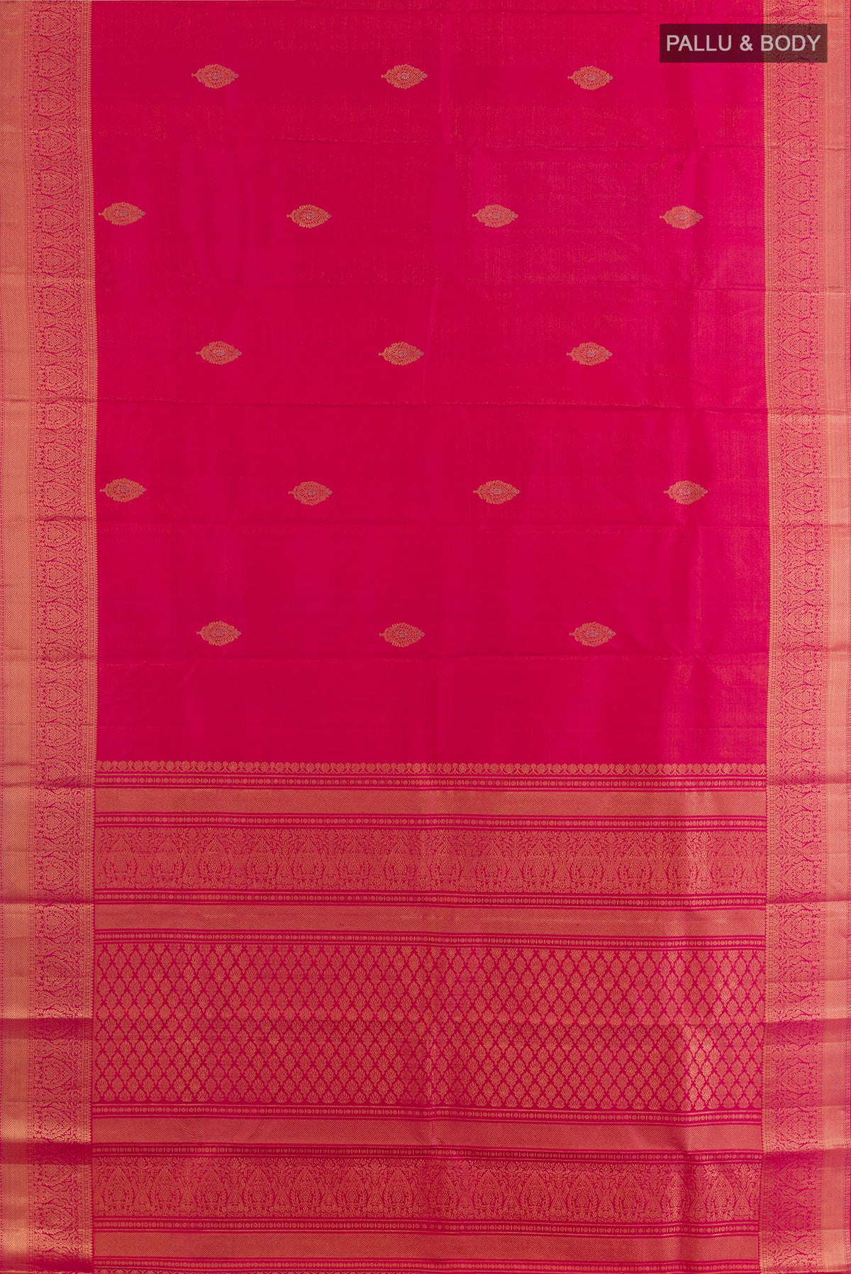 Flat view of Pure Silk Pink Kanchipuram Saree with Zari Butta on the body and Zari Border. 