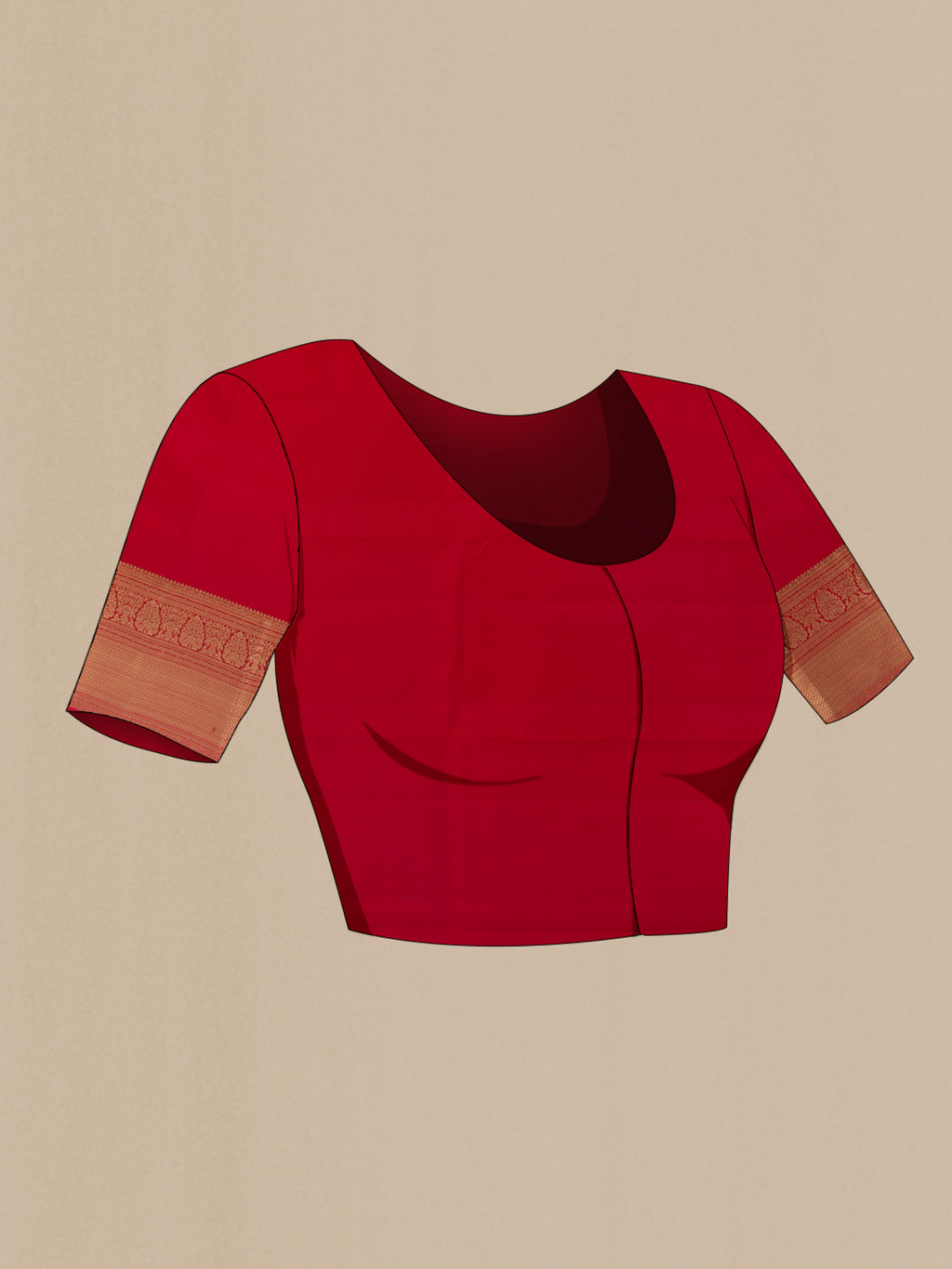 Close up image of the blouse of Pure Silk Red Kanjivaram Saree with Zari Butta on the body and Zari Border. 