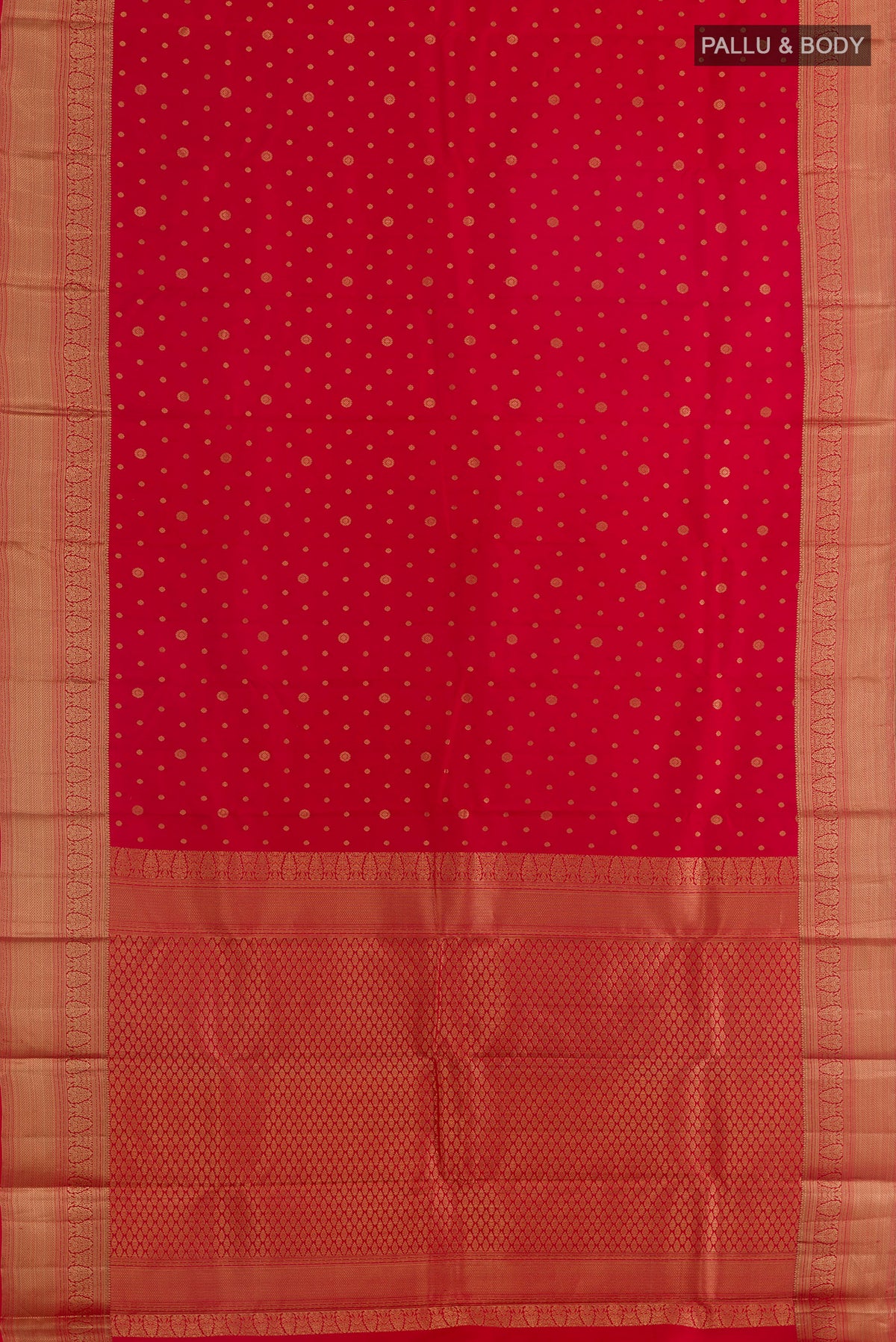 Flat view of Pure Silk Red Kanjivaram Saree with Zari Butta on the body and Zari Border. 