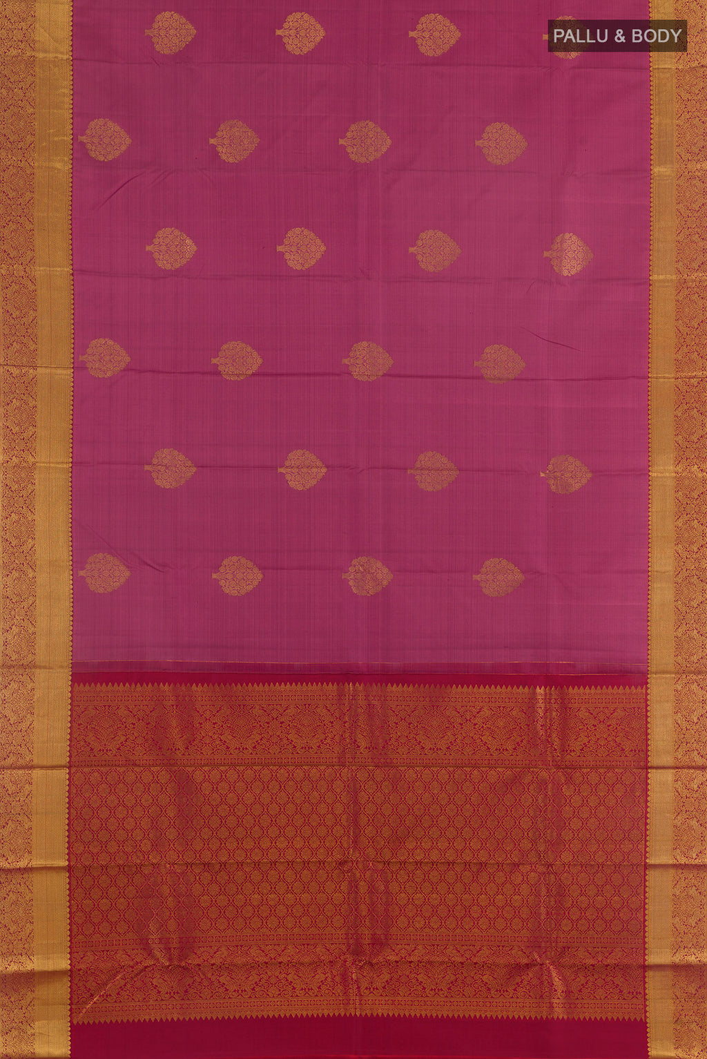 Flat view of Pure Silk Pink Kanchipuram Saree with Zari Butta on the body and Zari Border. 