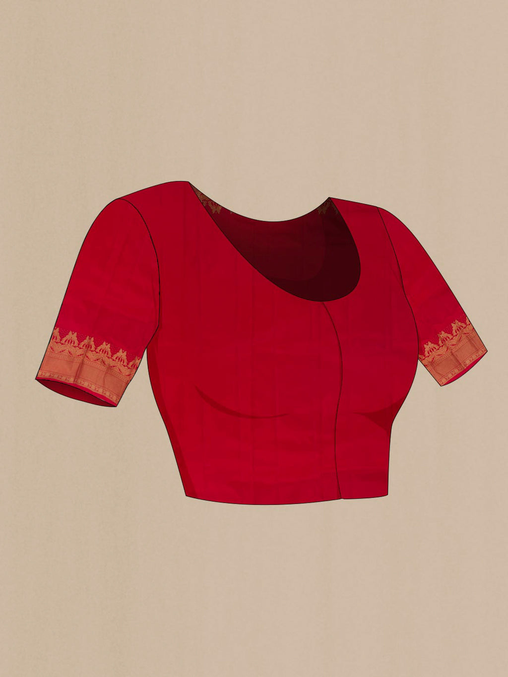 Close up image of the blouse of Pure Silk Pink Kanchipuram Saree with Zari Butta on the body and Zari Border. 