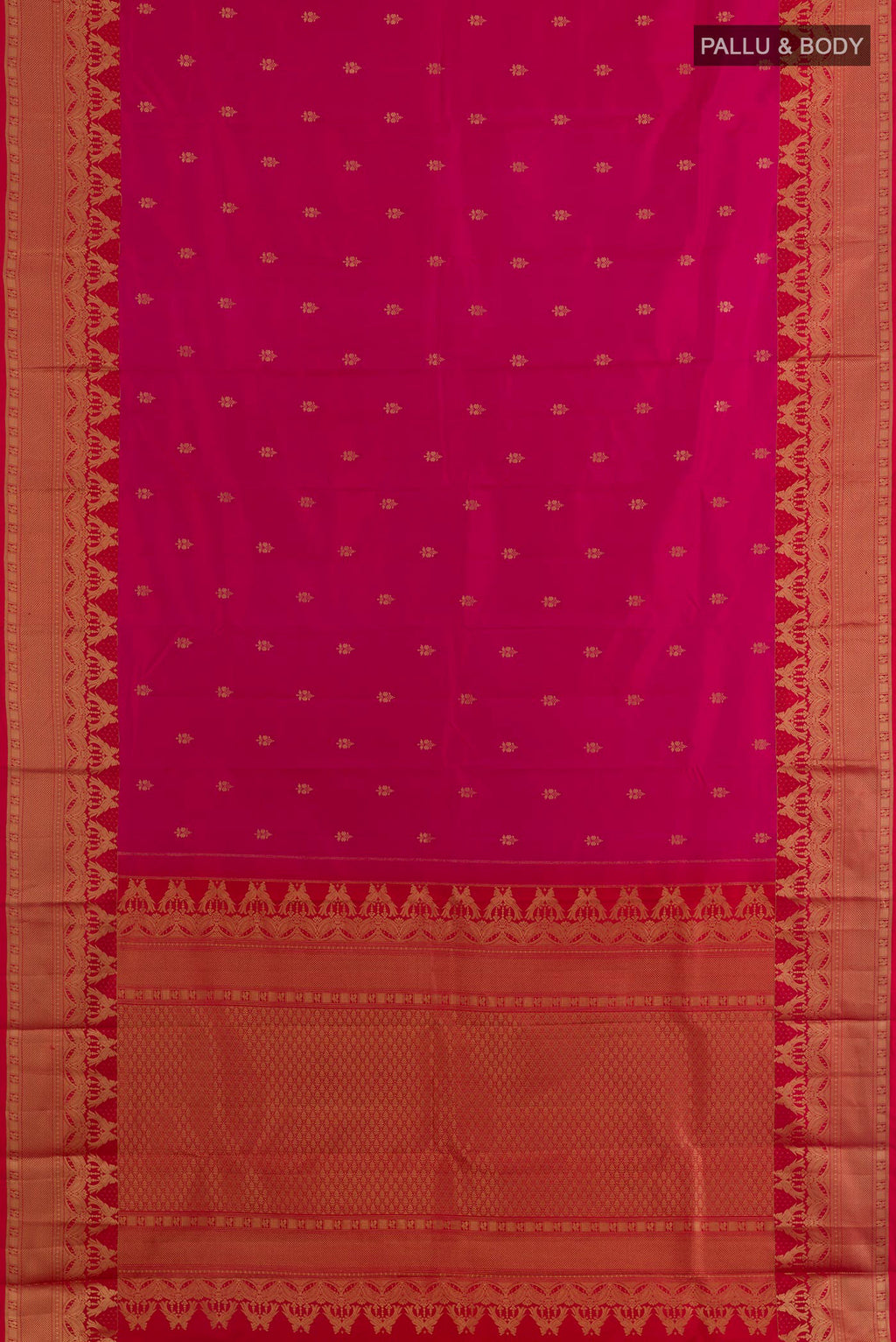 Flat view of Pure Silk Pink Kanchipuram Saree with Zari Butta on the body and Zari Border. 