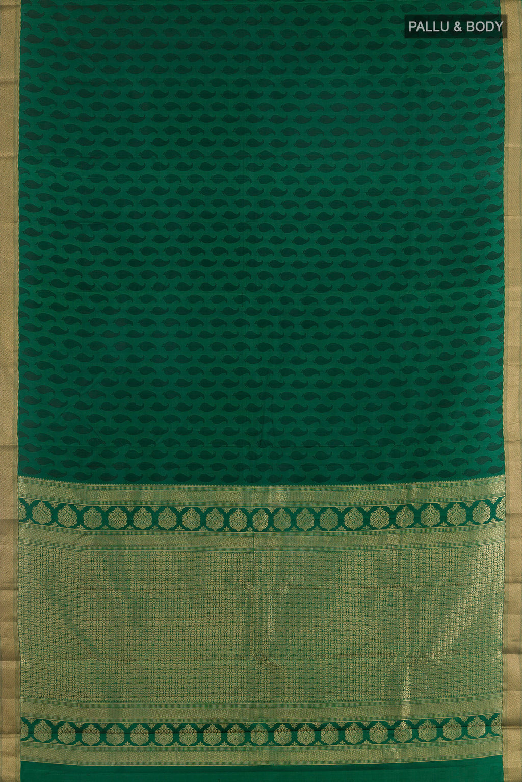 Flat view of Pure Silk Green Kanchipuram Saree with Jacquard design on the body and Zari Border. 
