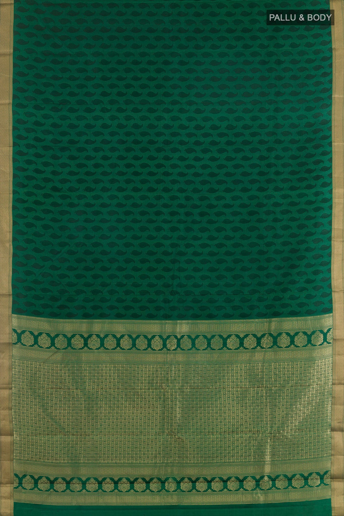 Flat view of Pure Silk Green Kanchipuram Saree with Jacquard design on the body and Zari Border. 
