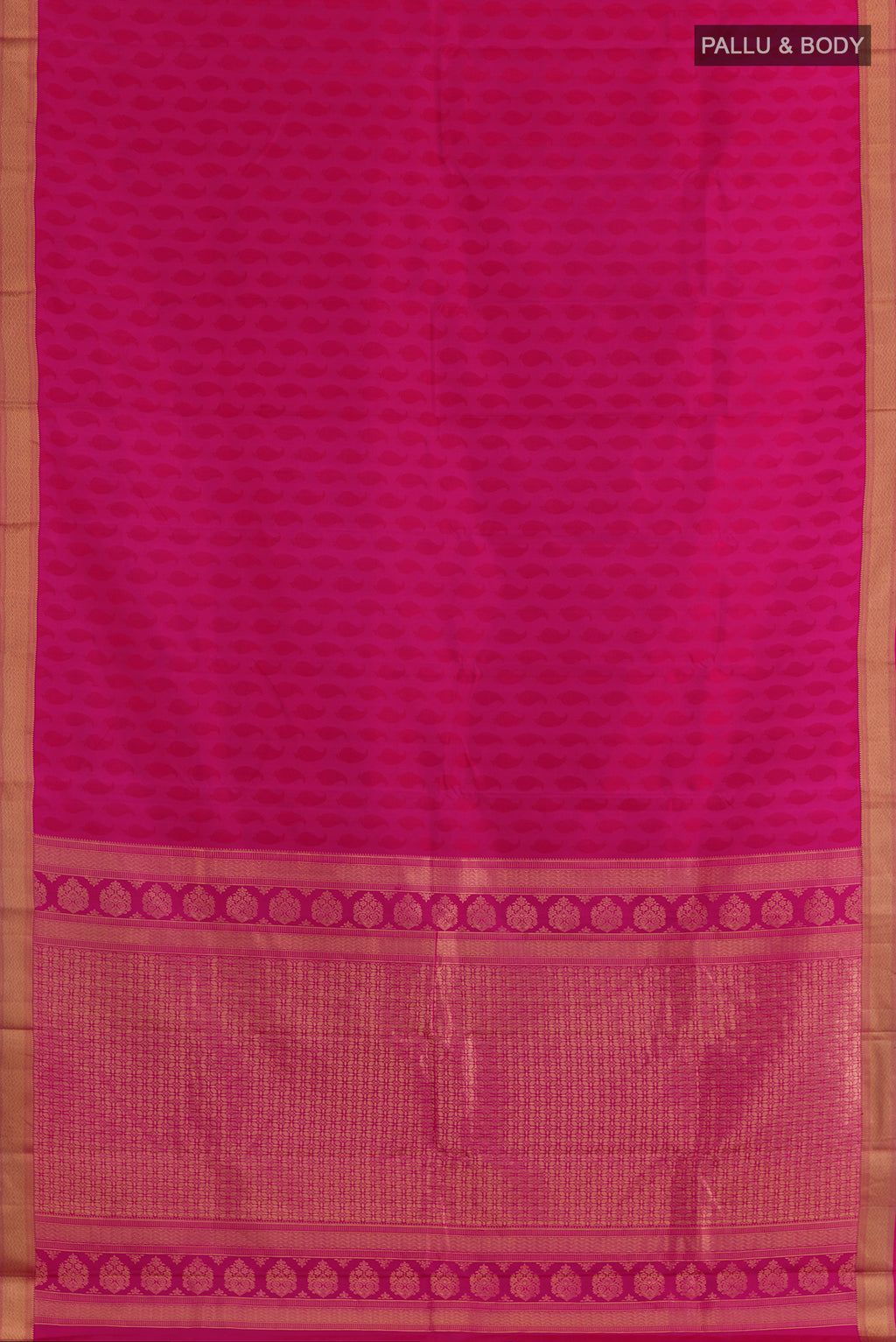Flat view of Pure Silk Pink Kanchipuram Saree with Jacquard design on the body and Zari Border. 