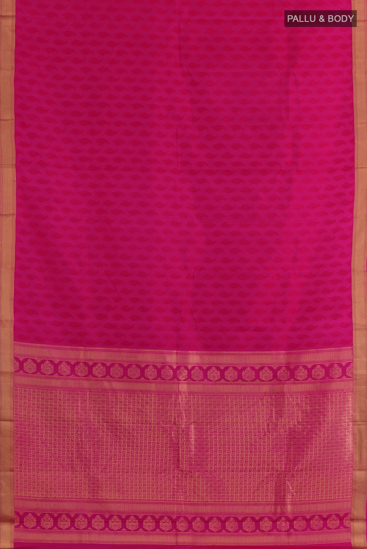 Flat view of Pure Silk Pink Kanchipuram Saree with Jacquard design on the body and Zari Border. 