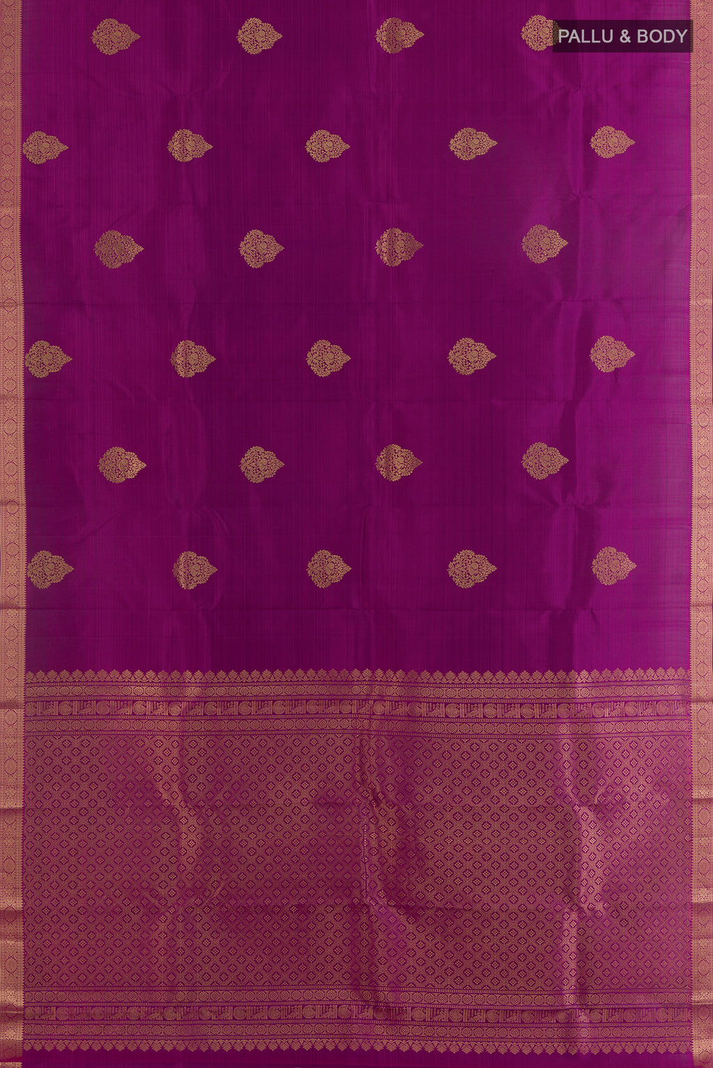 Flat view of Pure Silk Purple Kanchipuram Saree with Zari Butta on the body and Zari Border. 