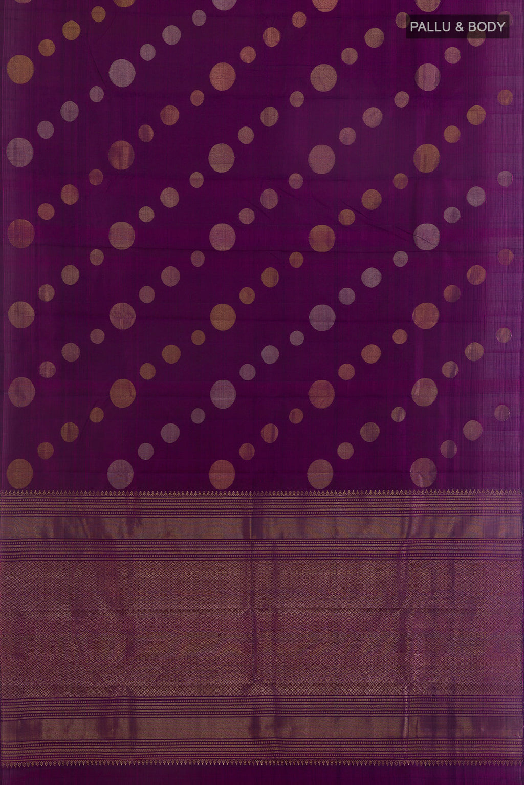 Flat view of Pure Silk Purple Kanjivaram Saree with Zari Butta on the body and Without Border. 