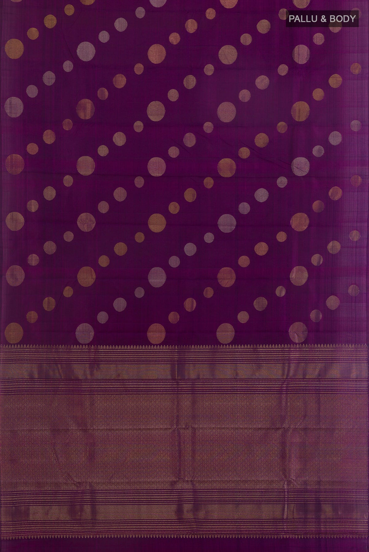 Flat view of Pure Silk Purple Kanjivaram Saree with Zari Butta on the body and Without Border. 