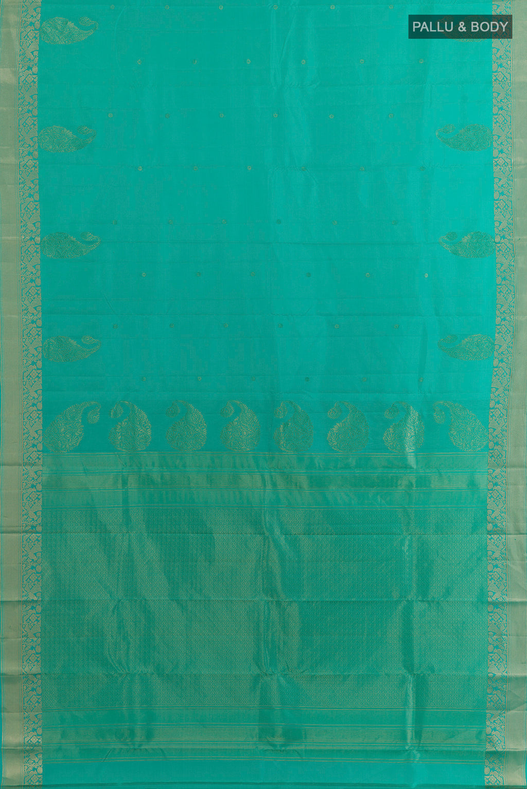 Flat view of Pure Silk Sea Green Kanchipuram Saree with Zari Butta on the body and Zari Border. 