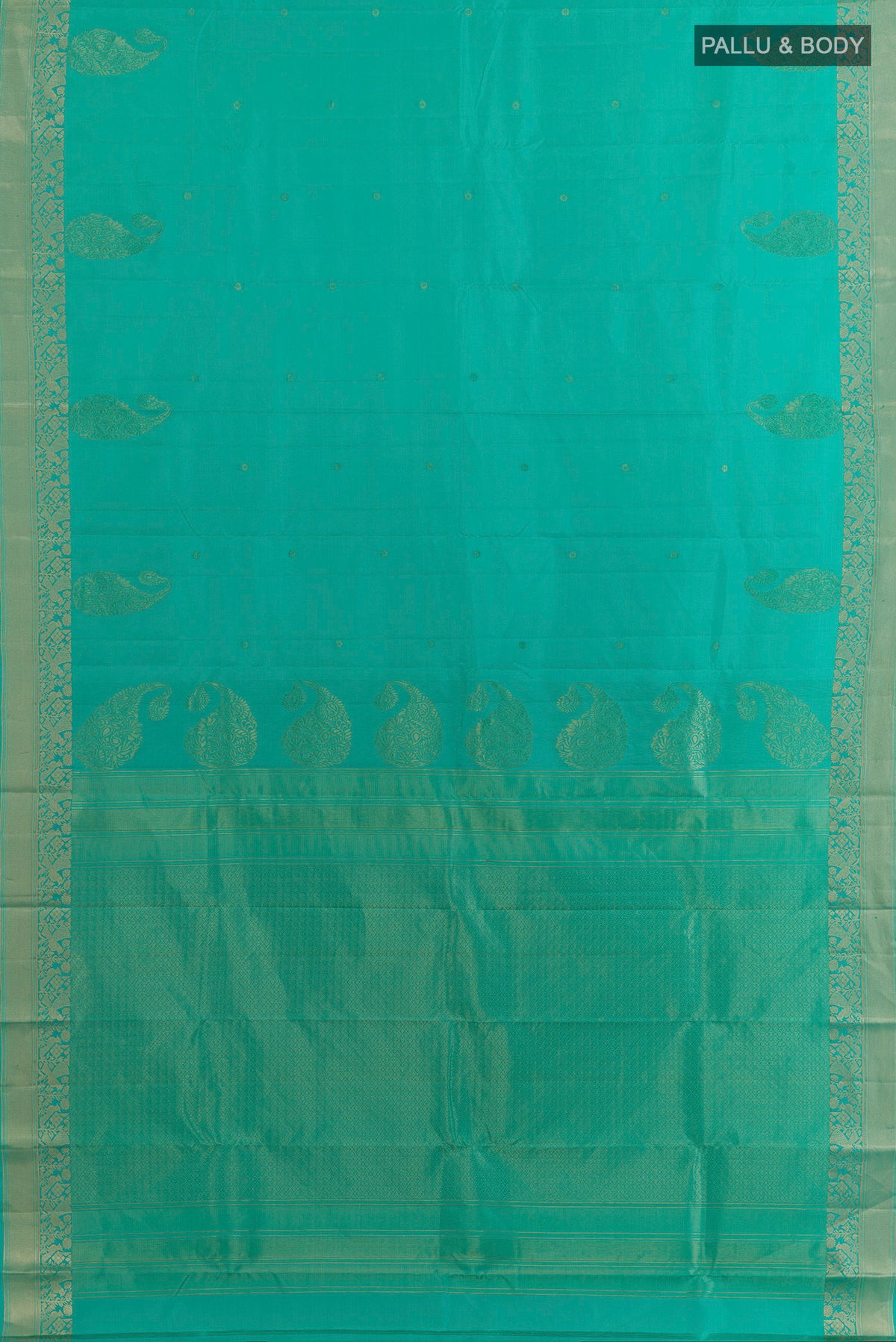 Flat view of Pure Silk Sea Green Kanchipuram Saree with Zari Butta on the body and Zari Border. 