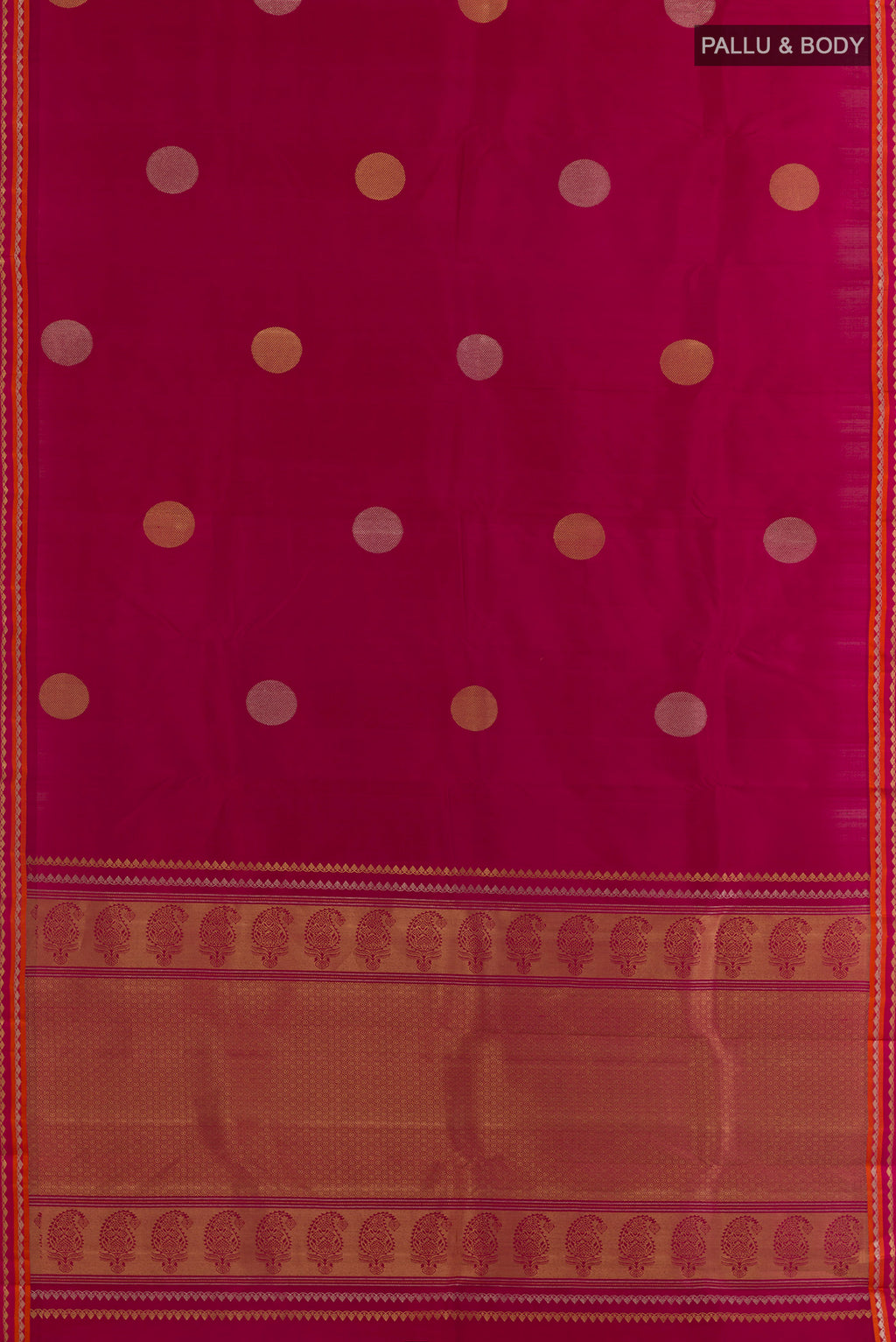 Flat view of Pure Silk Pink Kanchipuram Saree with Zari Butta on the body and Zari Border. 