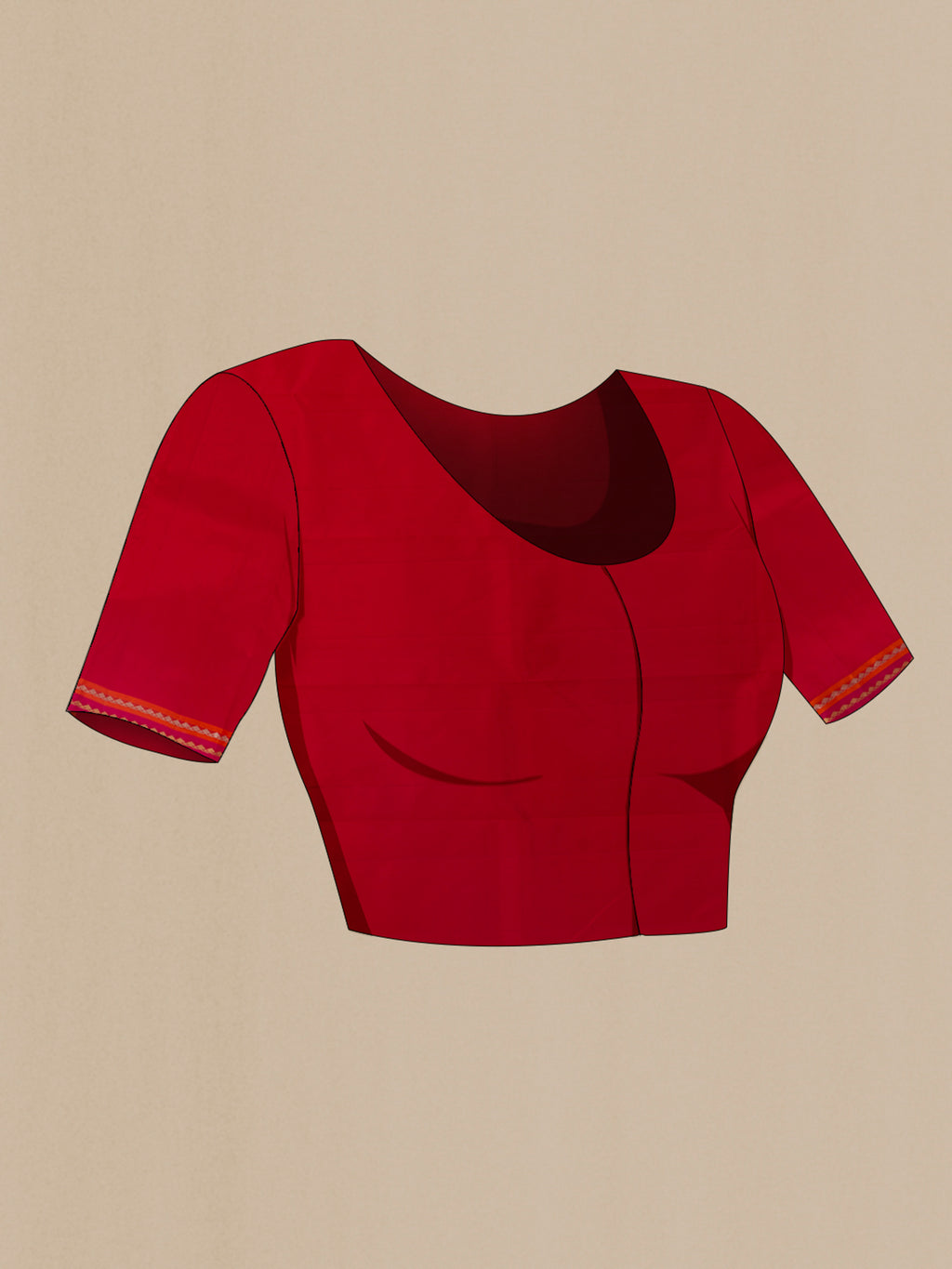 Close up image of the blouse of Pure Silk Red Kanchipuram Saree with Zari Butta on the body and Zari Border. 
