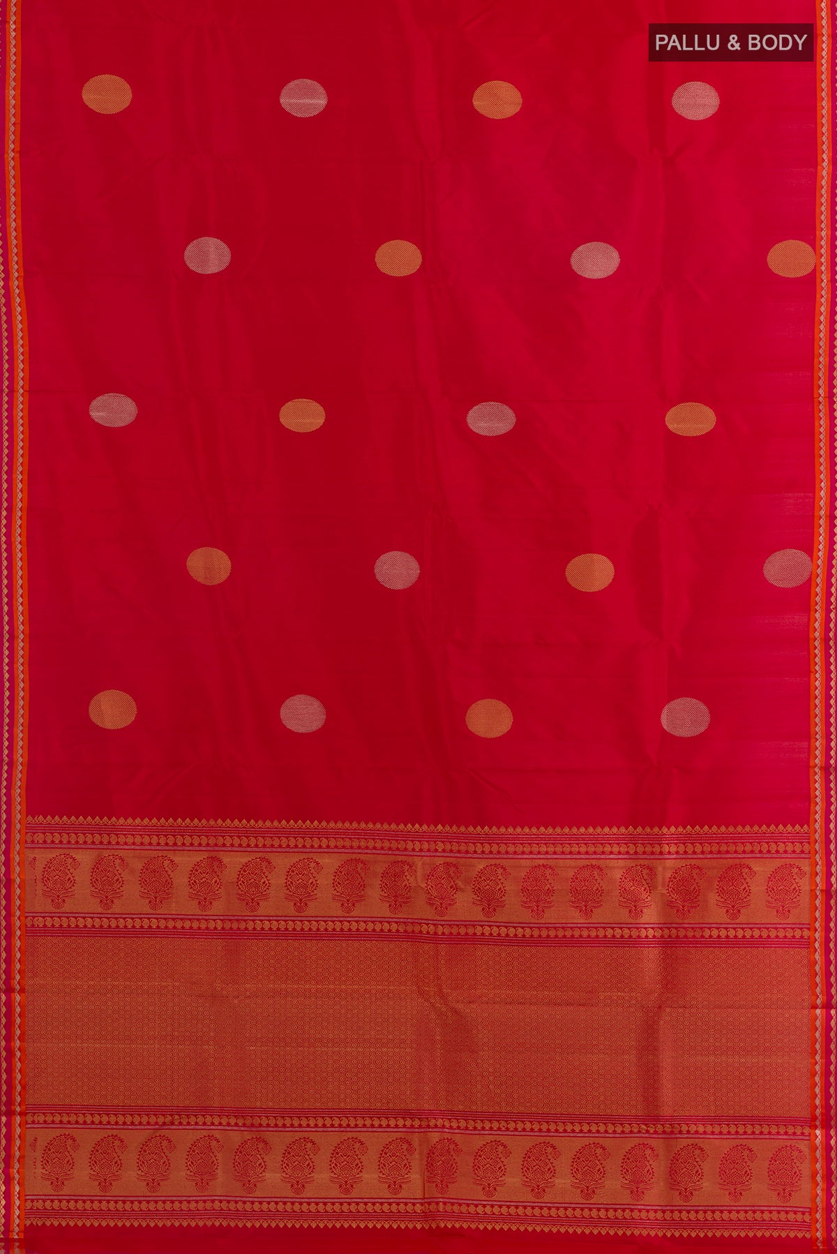 Flat view of Pure Silk Red Kanchipuram Saree with Zari Butta on the body and Zari Border. 