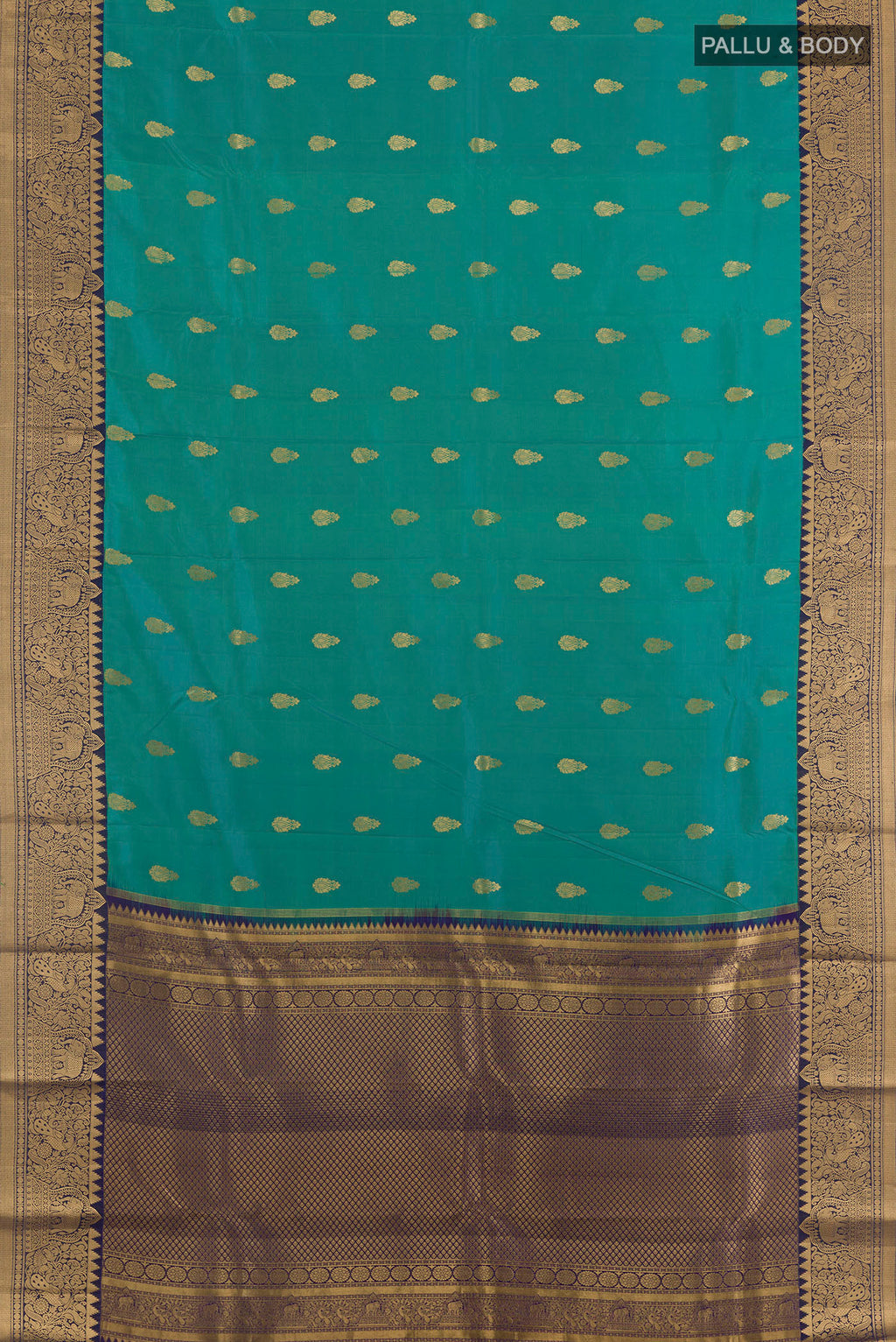 Flat view of Pure Silk Sea Green Kanchipuram Saree with Zari Butta on the body and Zari Border. 