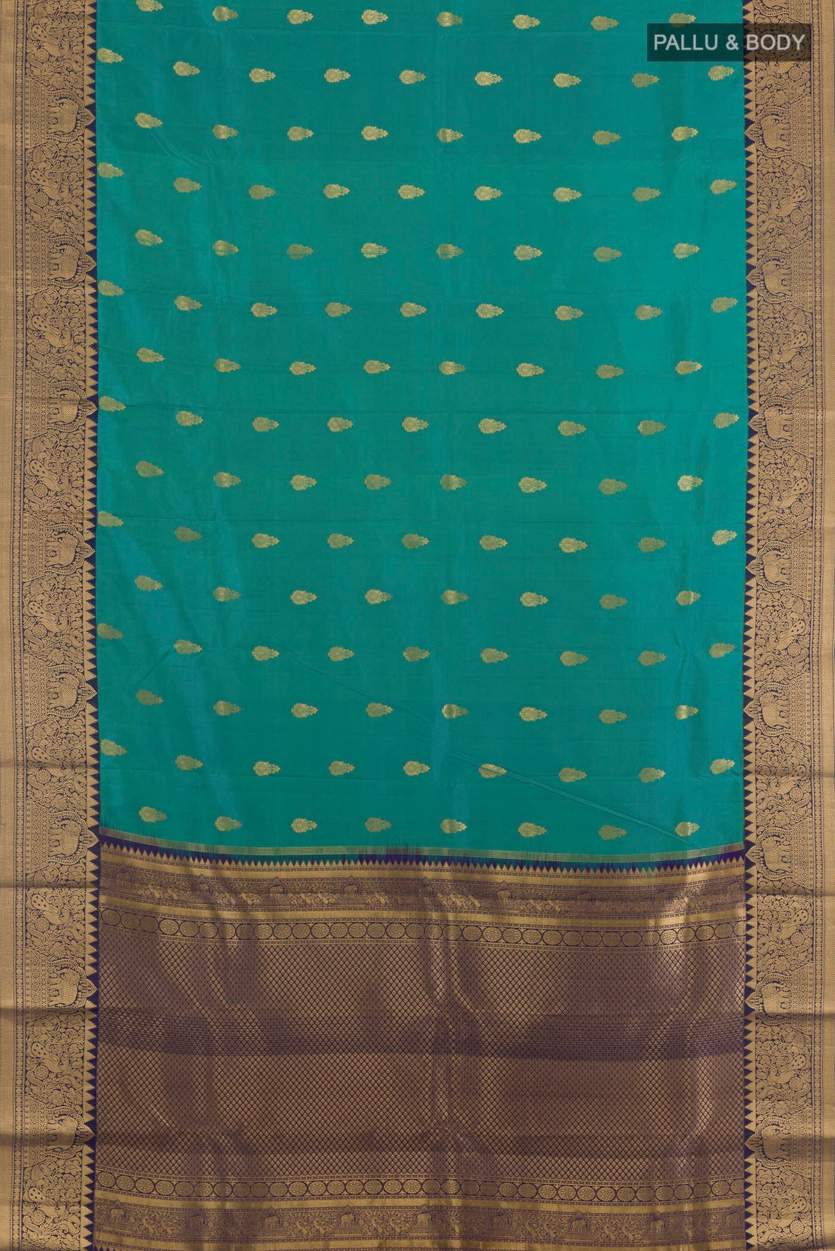 Flat view of Pure Silk Sea Green Kanchipuram Saree with Zari Butta on the body and Zari Border. 