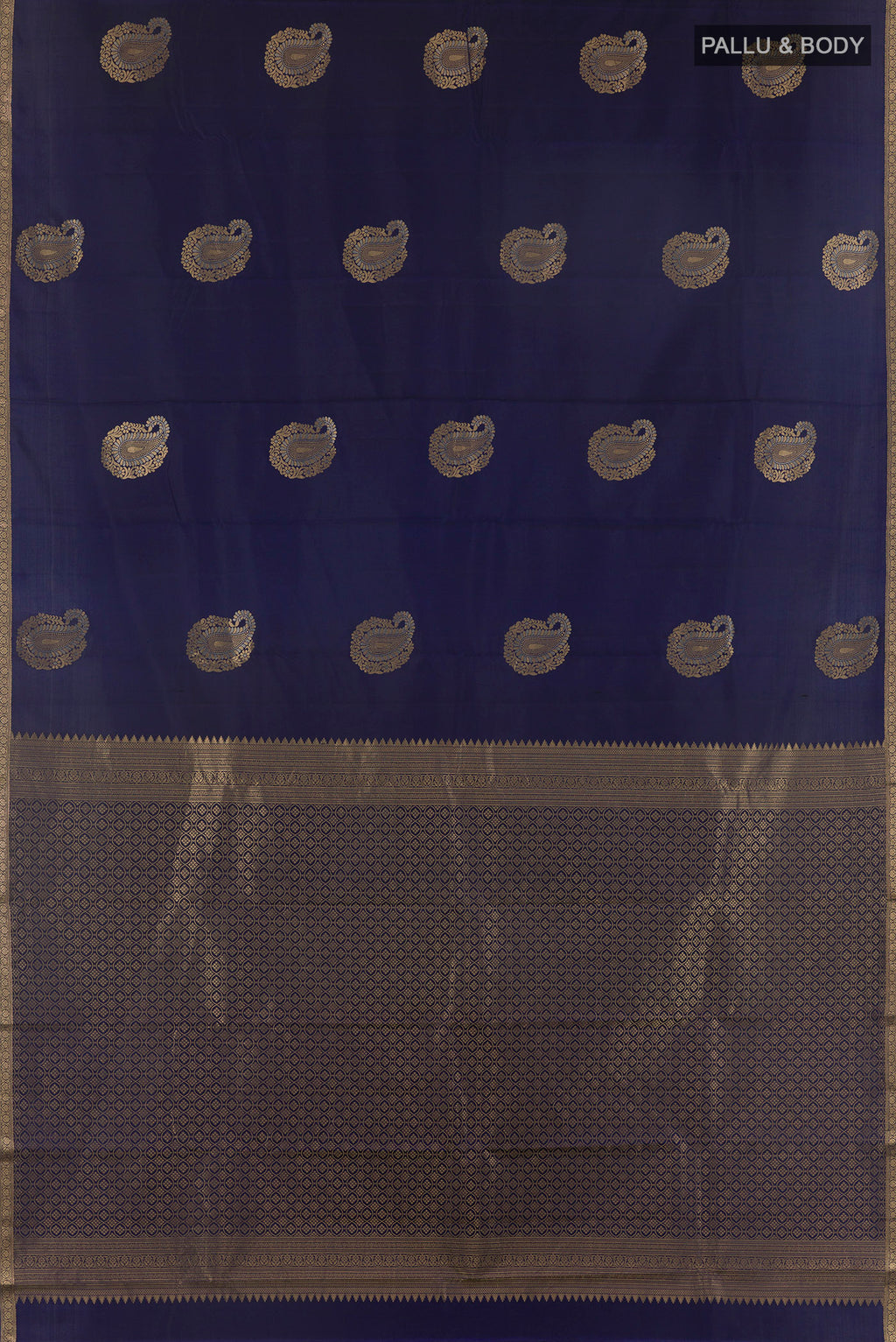 Flat view of Pure Silk Navy Blue Kanchipuram Saree with Zari Butta on the body and Zari Border. 