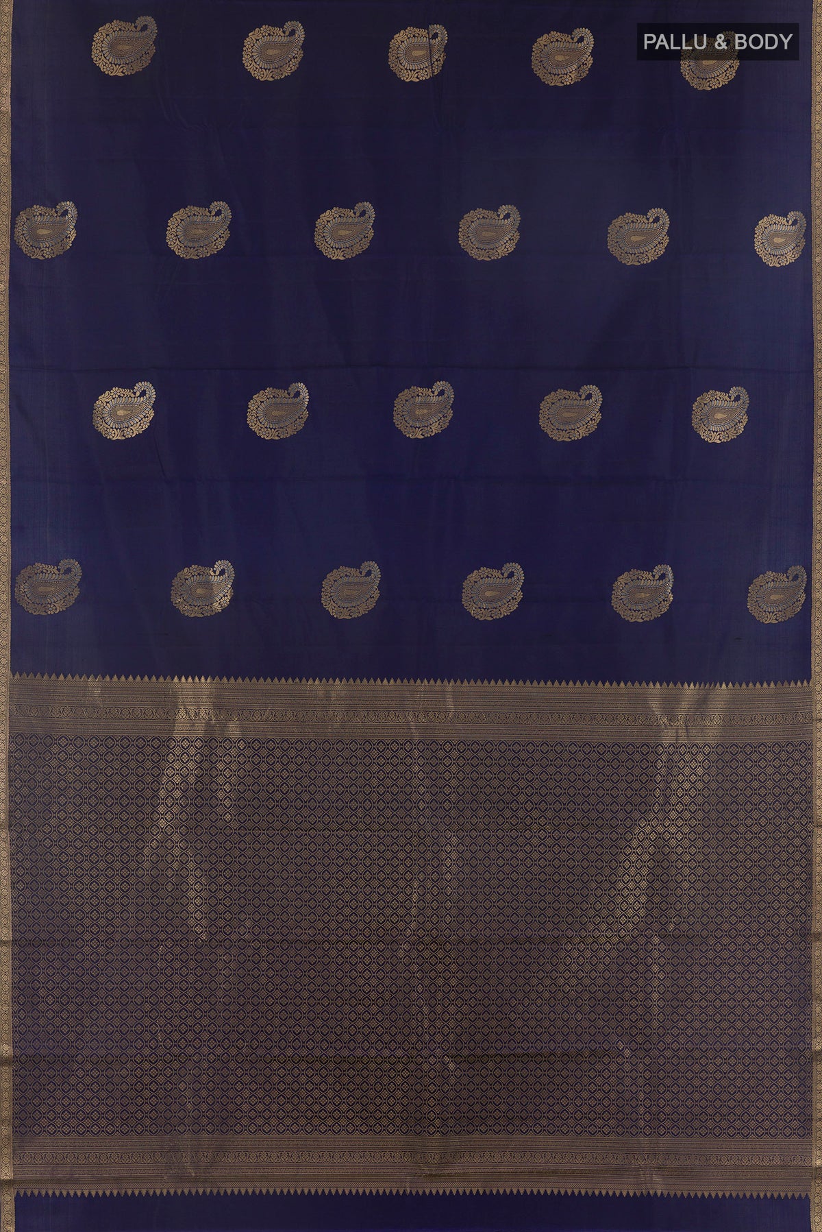 Flat view of Pure Silk Navy Blue Kanchipuram Saree with Zari Butta on the body and Zari Border. 