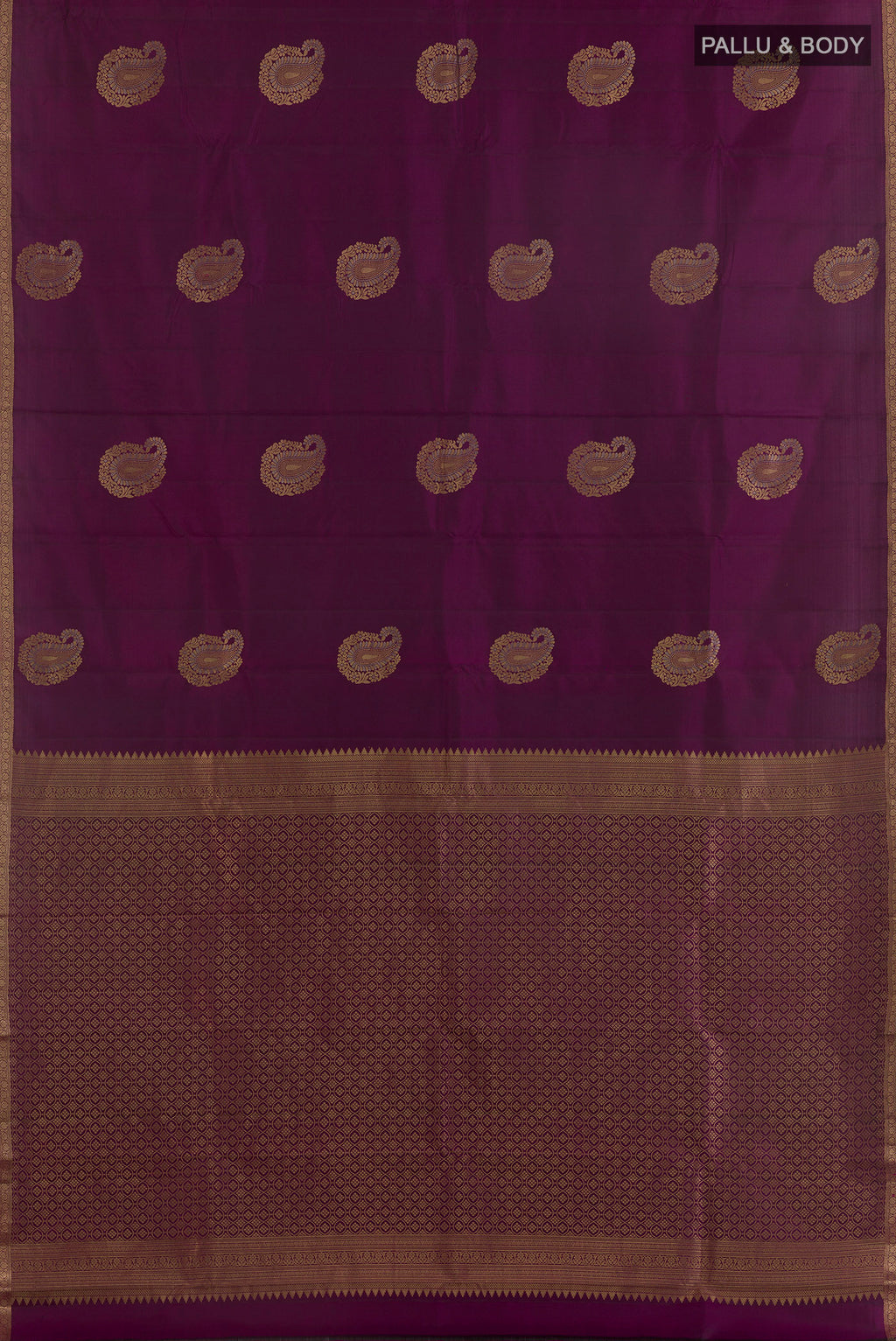 Flat view of Pure Silk Purple Kanchipuram Saree with Zari Butta on the body and Zari Border. 