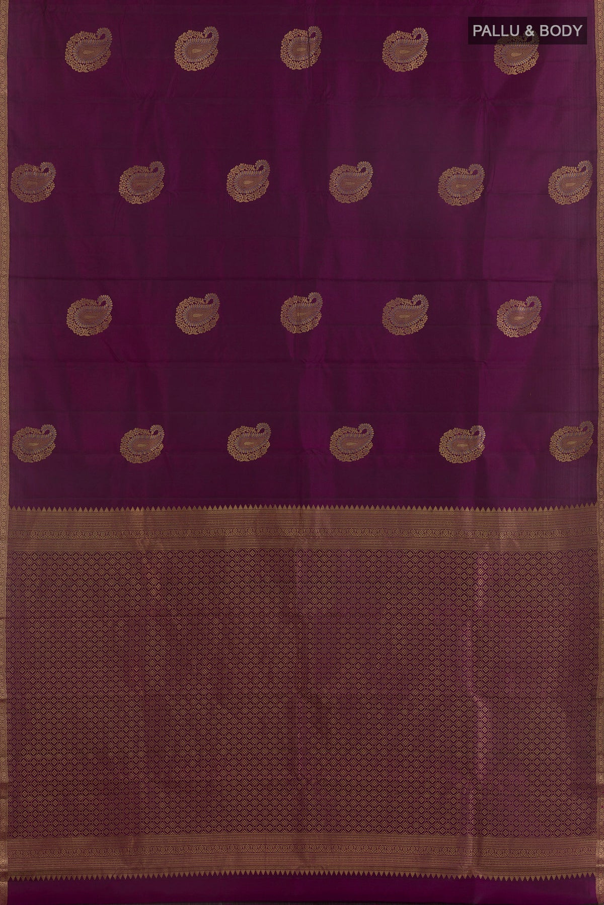 Flat view of Pure Silk Purple Kanchipuram Saree with Zari Butta on the body and Zari Border. 