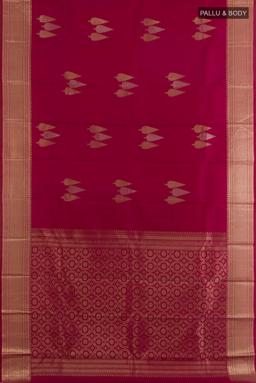 Flat view of Pure Silk Maroon Kanchipuram Saree with Zari Butta on the body and Zari Border. 