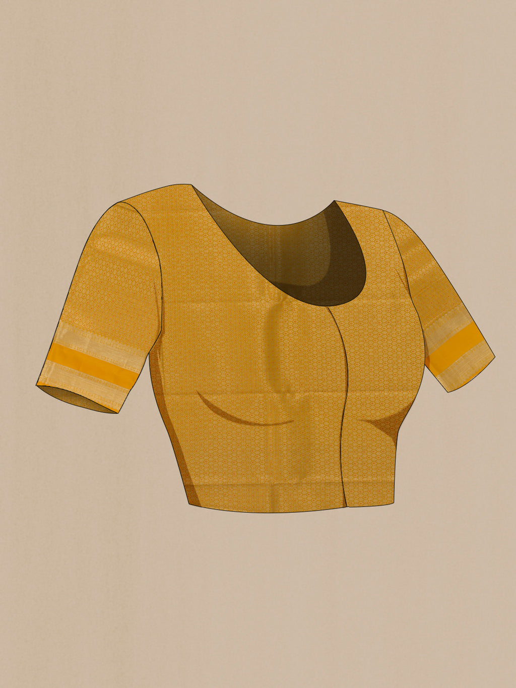 Close up image of the blouse of Pure Silk Mustard Kanchipuram Saree with Stripes on the body and Zari Border. 