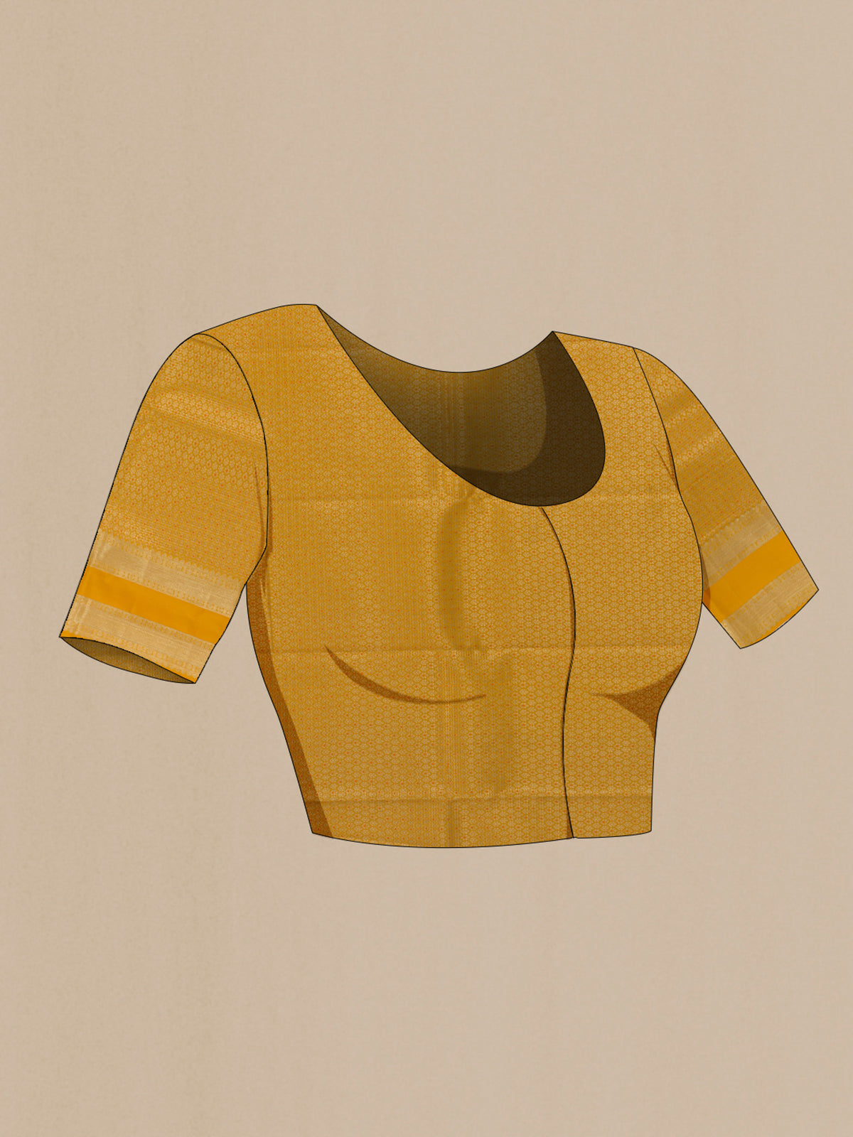 Close up image of the blouse of Pure Silk Mustard Kanchipuram Saree with Stripes on the body and Zari Border. 